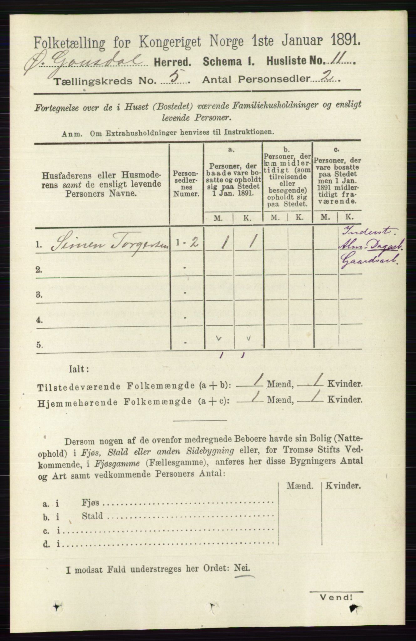 RA, 1891 census for 0522 Østre Gausdal, 1891, p. 2926