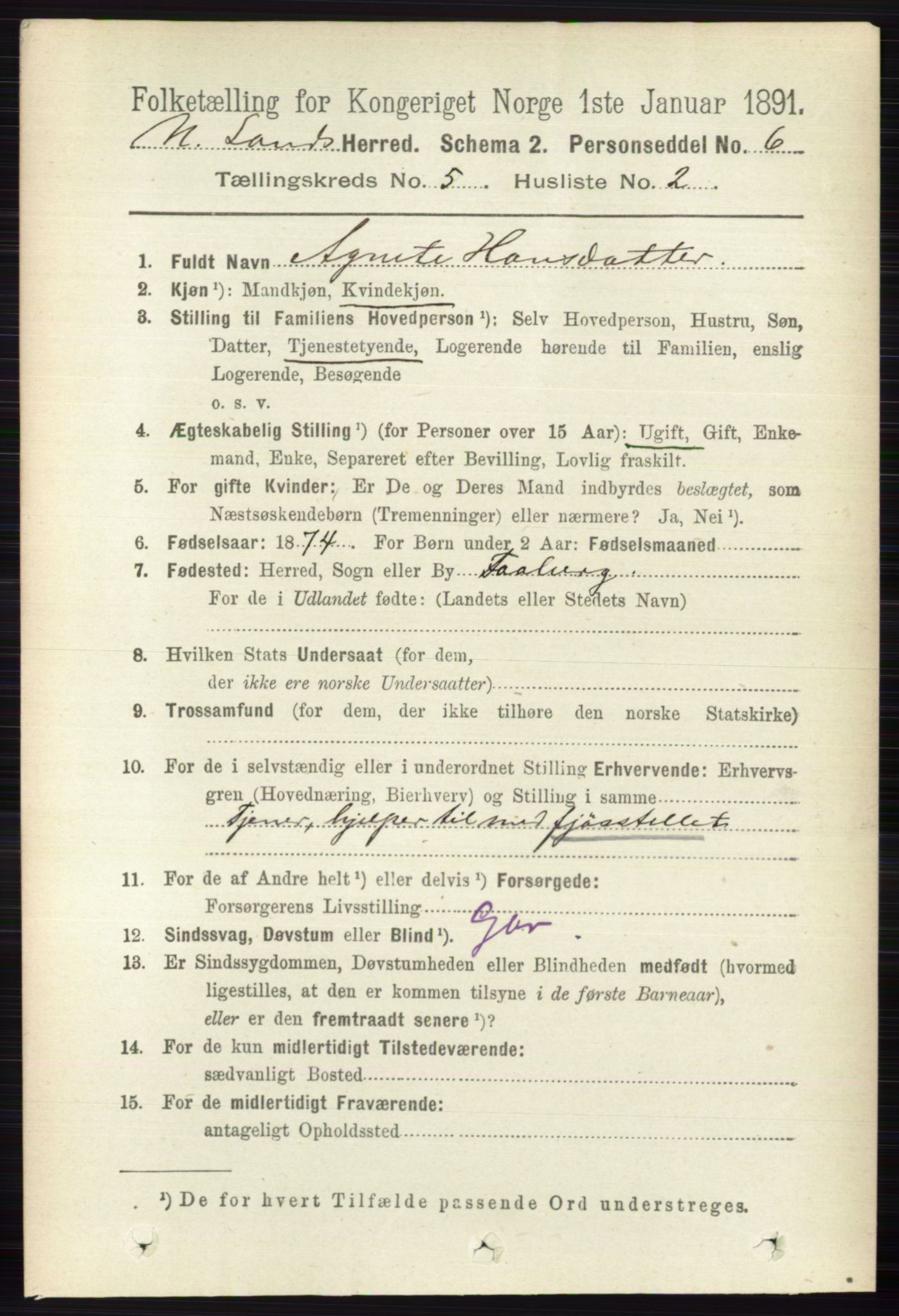 RA, 1891 census for 0538 Nordre Land, 1891, p. 1561