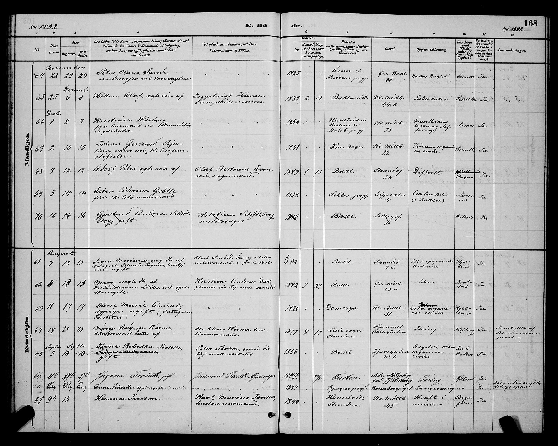 Ministerialprotokoller, klokkerbøker og fødselsregistre - Sør-Trøndelag, SAT/A-1456/604/L0223: Parish register (copy) no. 604C06, 1886-1897, p. 168