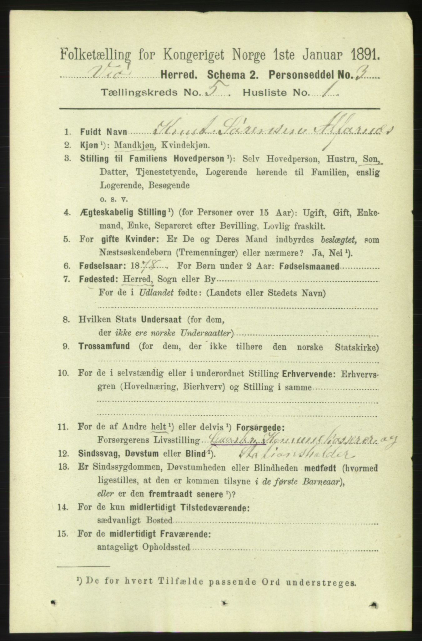 RA, 1891 census for 1541 Veøy, 1891, p. 2485