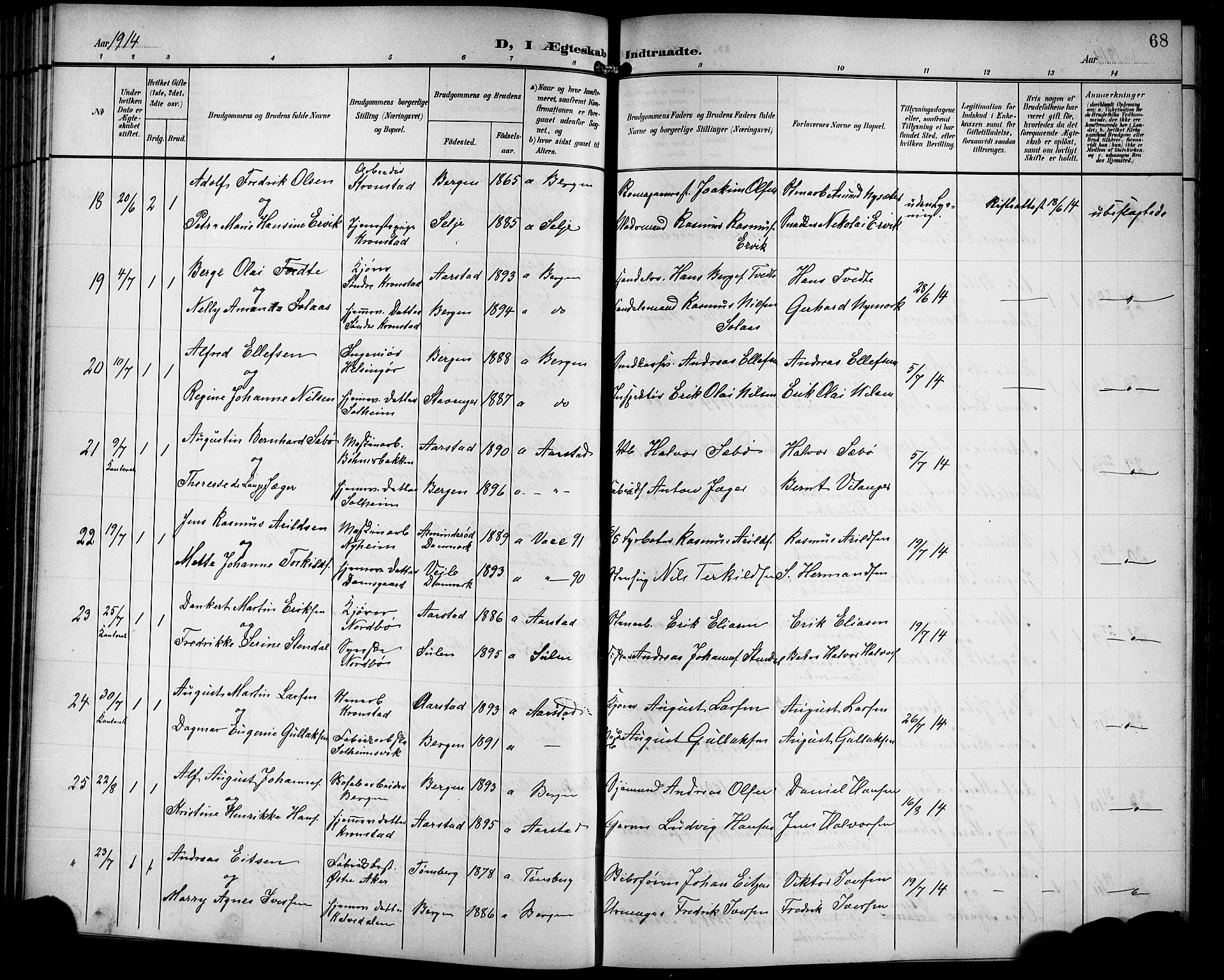 Årstad Sokneprestembete, AV/SAB-A-79301/H/Hab/L0018: Parish register (copy) no. C 1, 1902-1919, p. 68