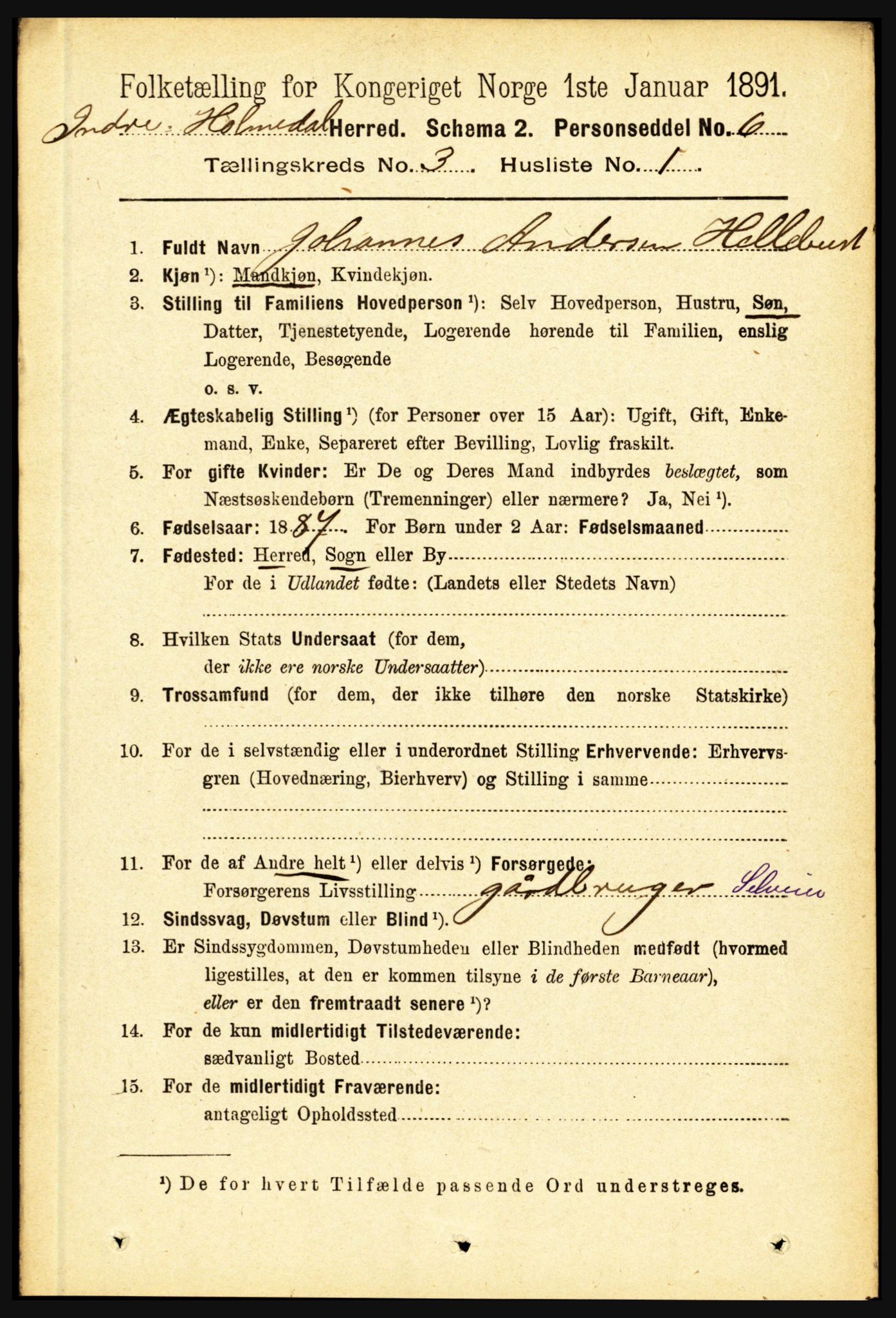 RA, 1891 census for 1430 Indre Holmedal, 1891, p. 900