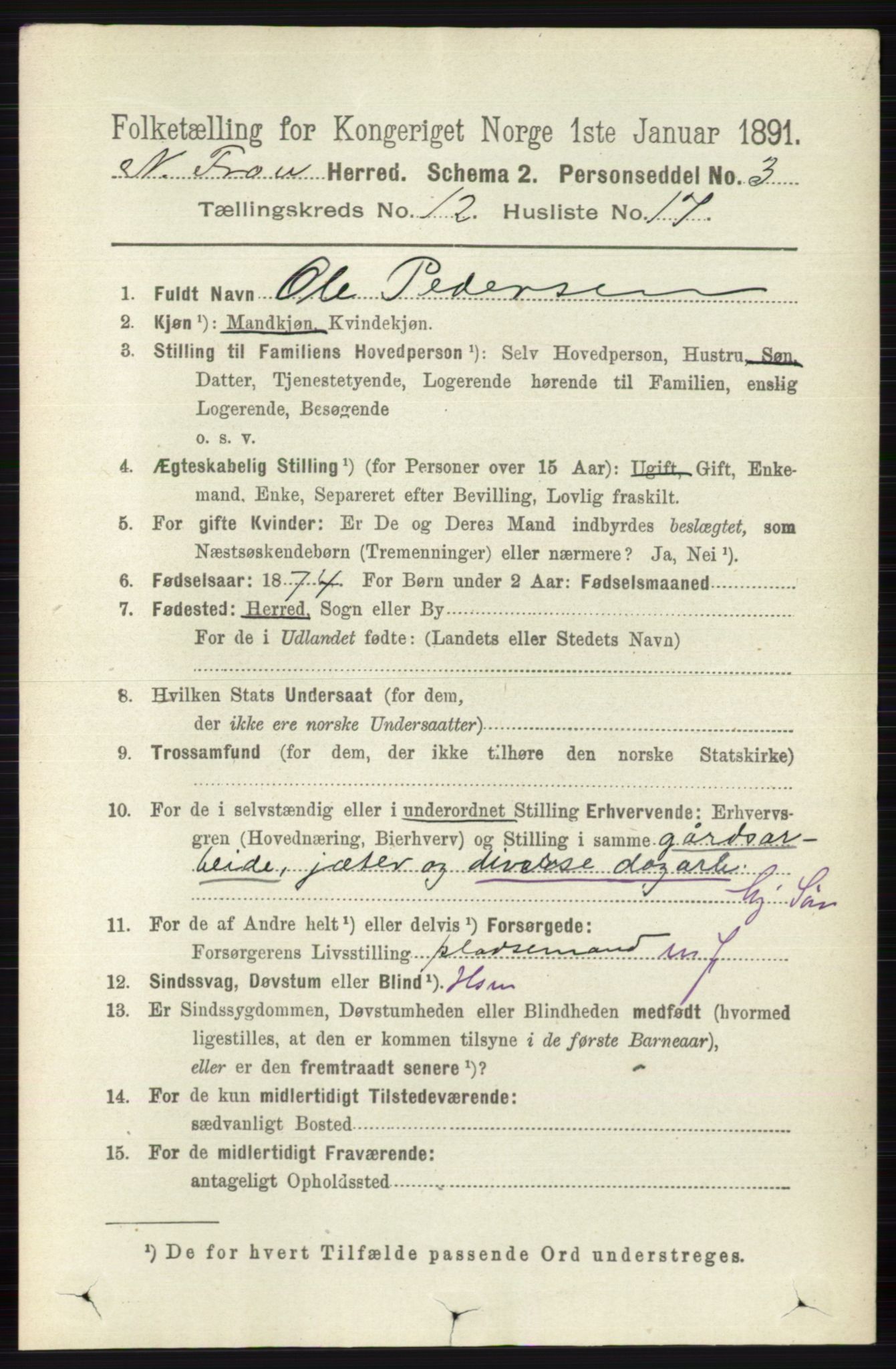 RA, 1891 census for 0518 Nord-Fron, 1891, p. 5186