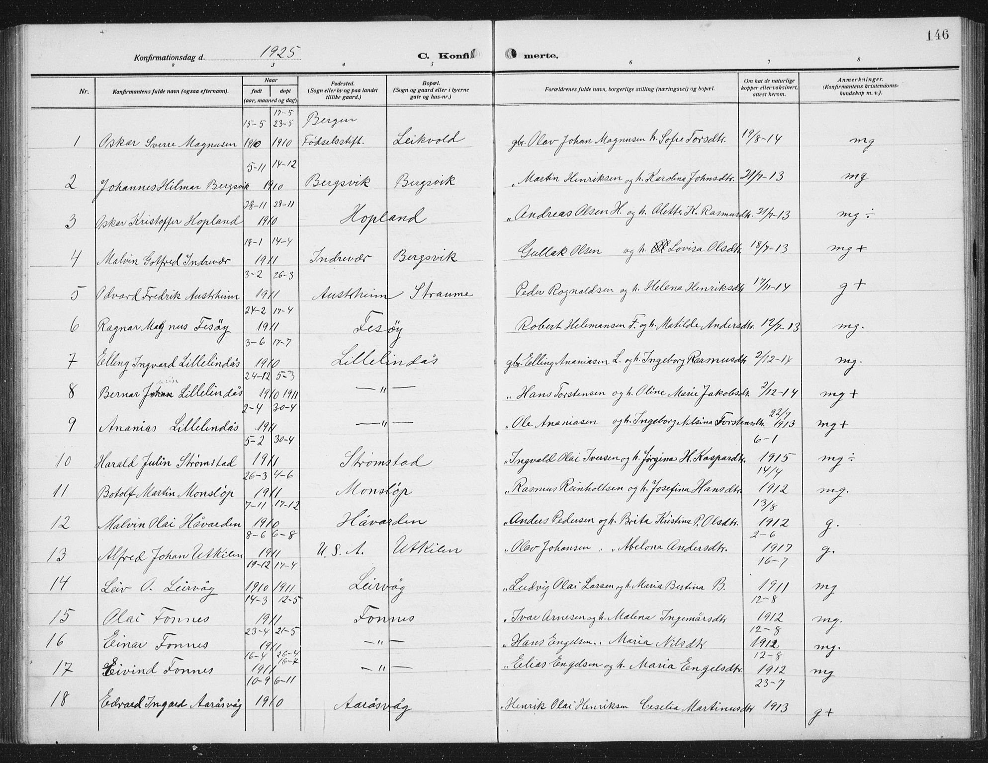 Lindås Sokneprestembete, AV/SAB-A-76701/H/Hab/Habc/L0005: Parish register (copy) no. C 5, 1910-1927, p. 146