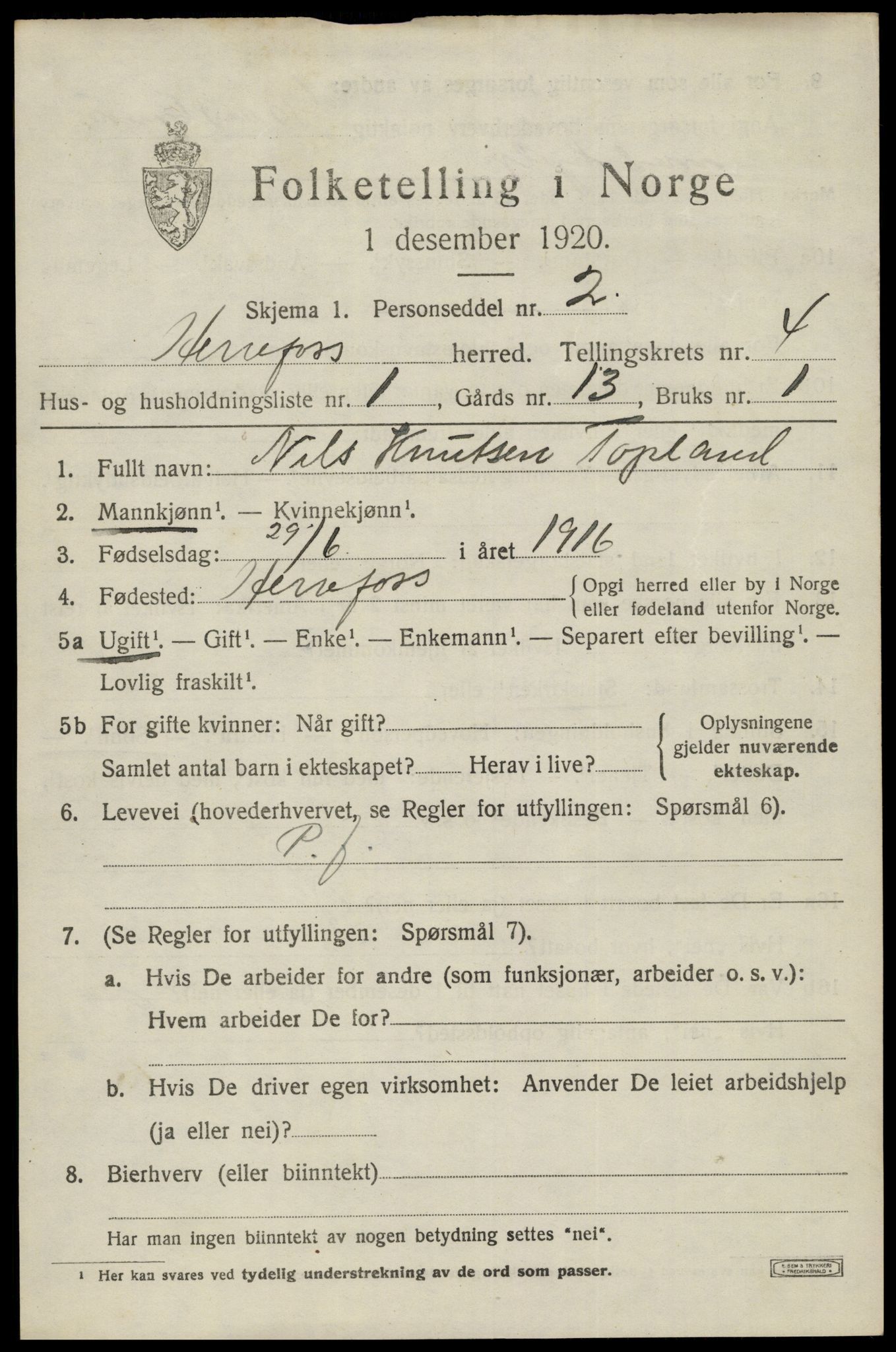 SAK, 1920 census for Herefoss, 1920, p. 780