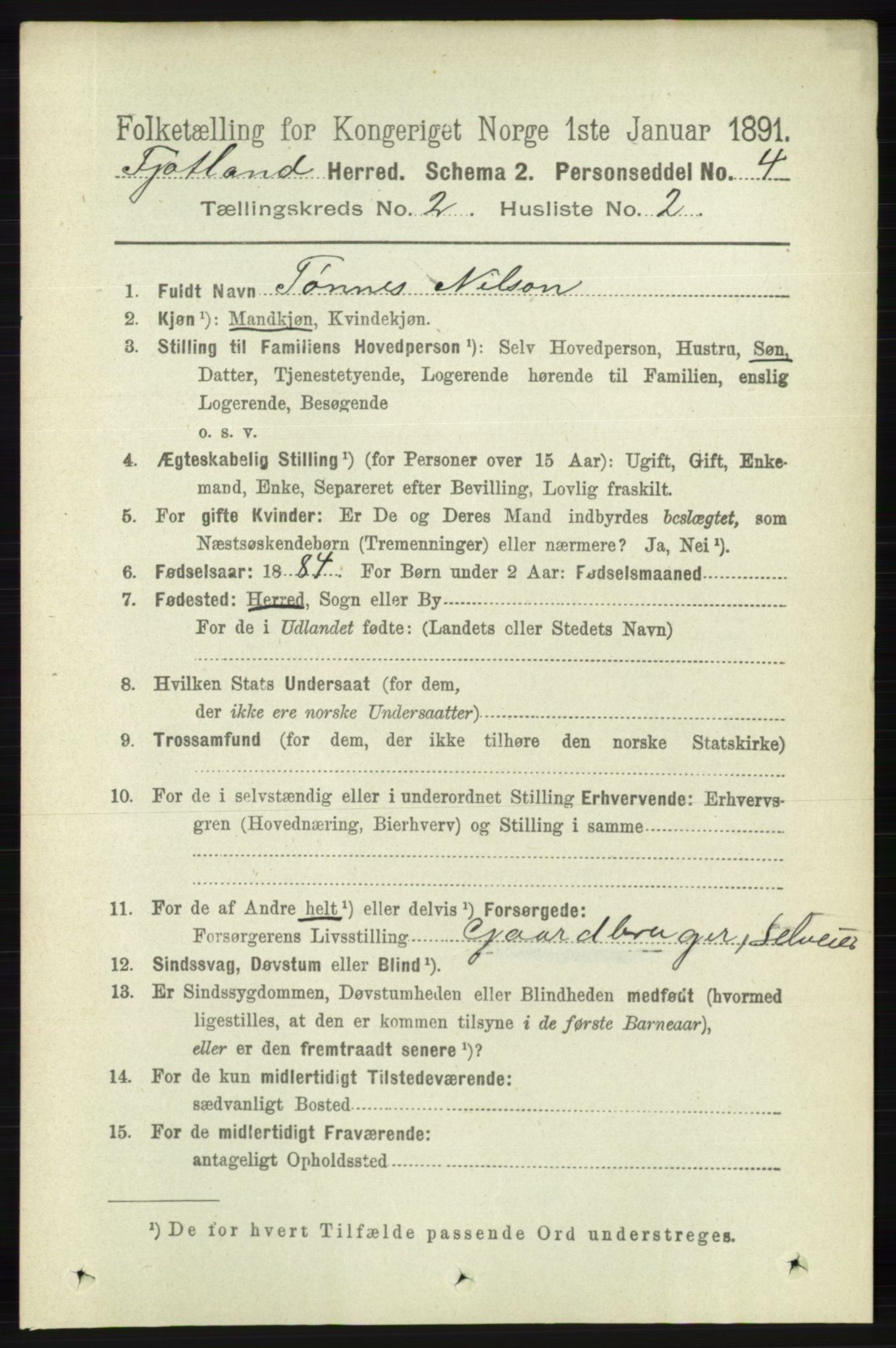 RA, 1891 census for 1036 Fjotland, 1891, p. 249