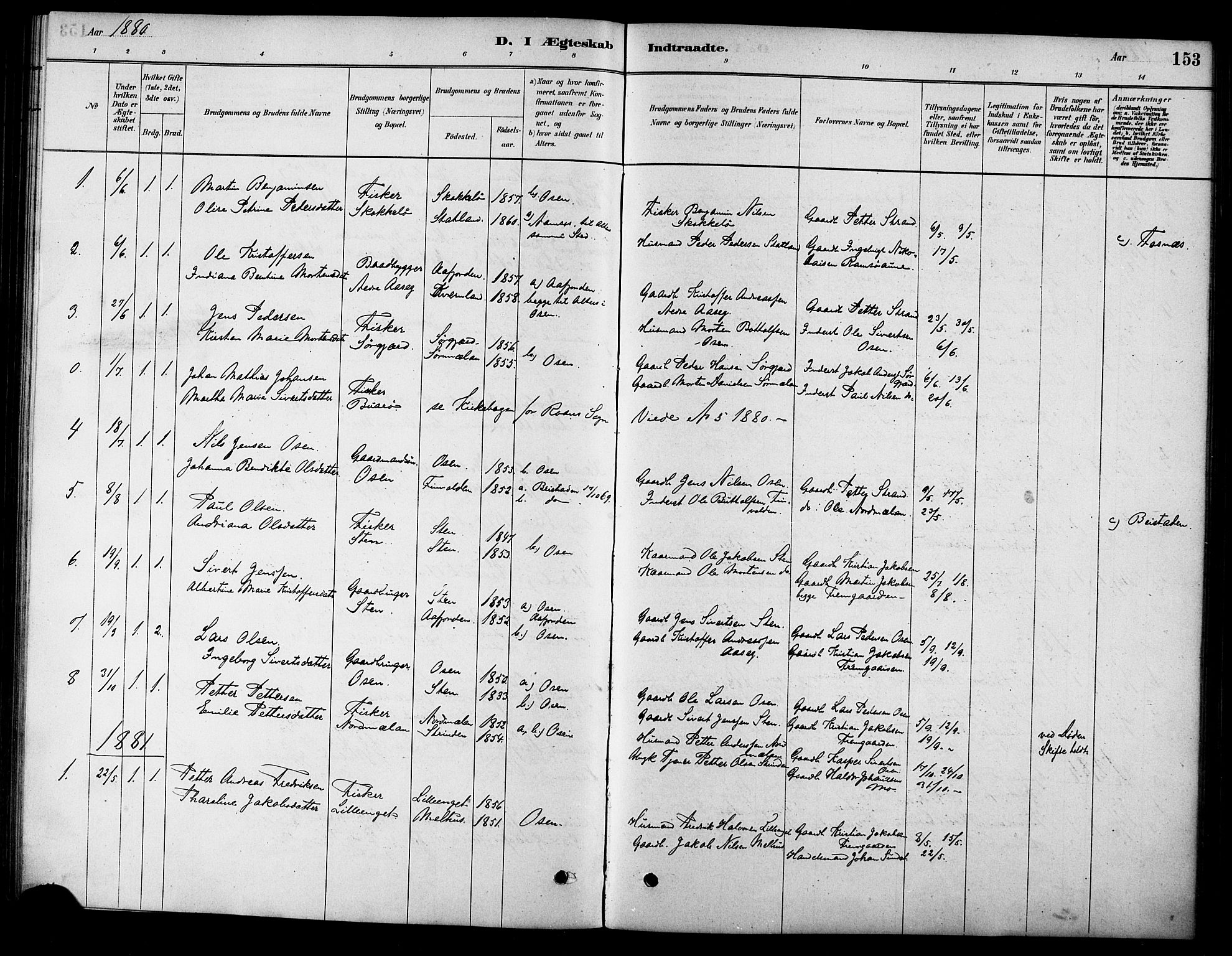 Ministerialprotokoller, klokkerbøker og fødselsregistre - Sør-Trøndelag, SAT/A-1456/658/L0722: Parish register (official) no. 658A01, 1879-1896, p. 153
