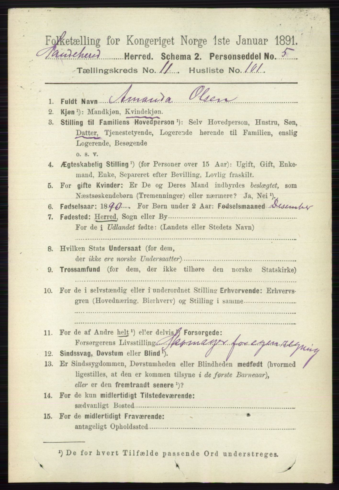 RA, 1891 census for 0724 Sandeherred, 1891, p. 7240