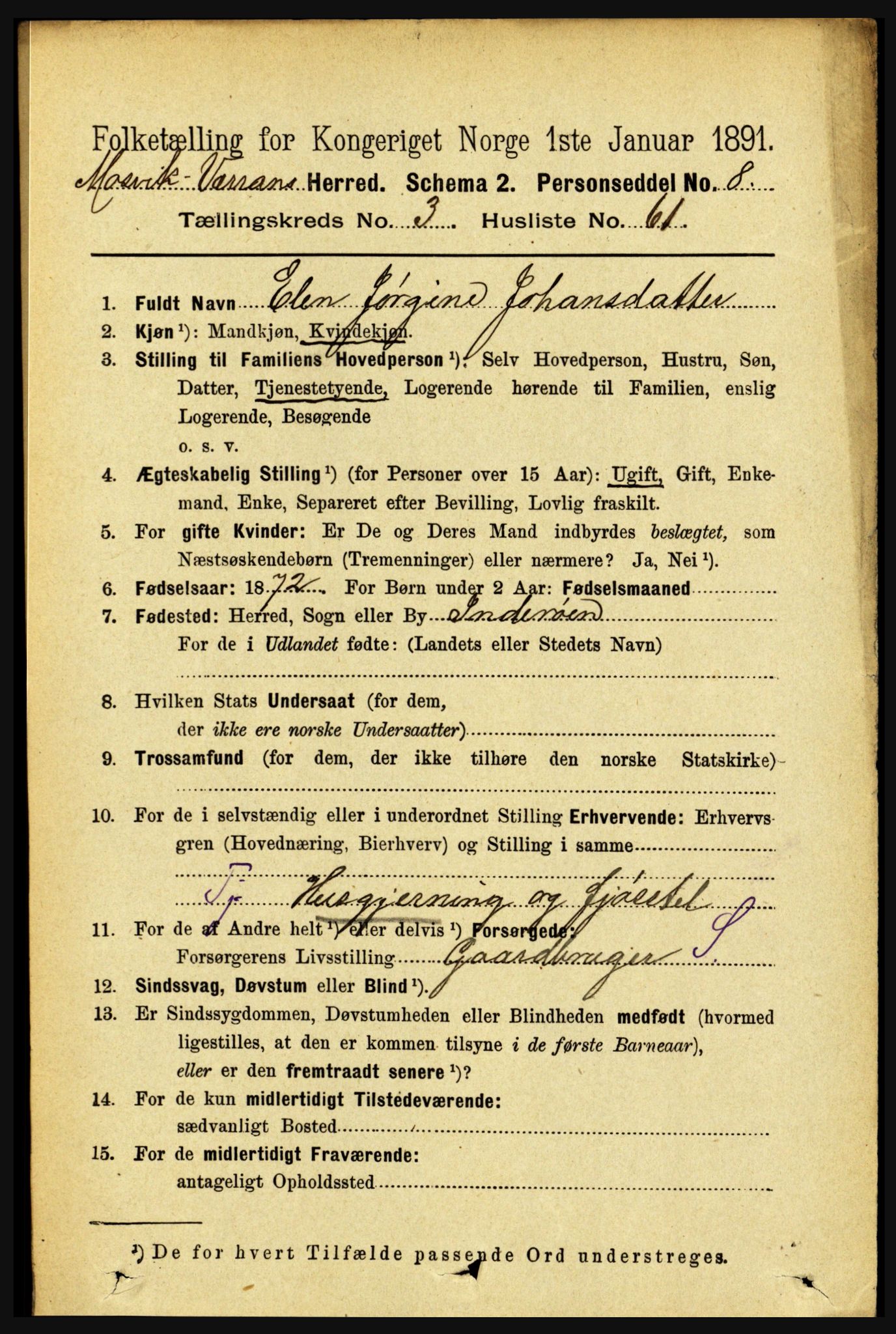 RA, 1891 census for 1723 Mosvik og Verran, 1891, p. 1311