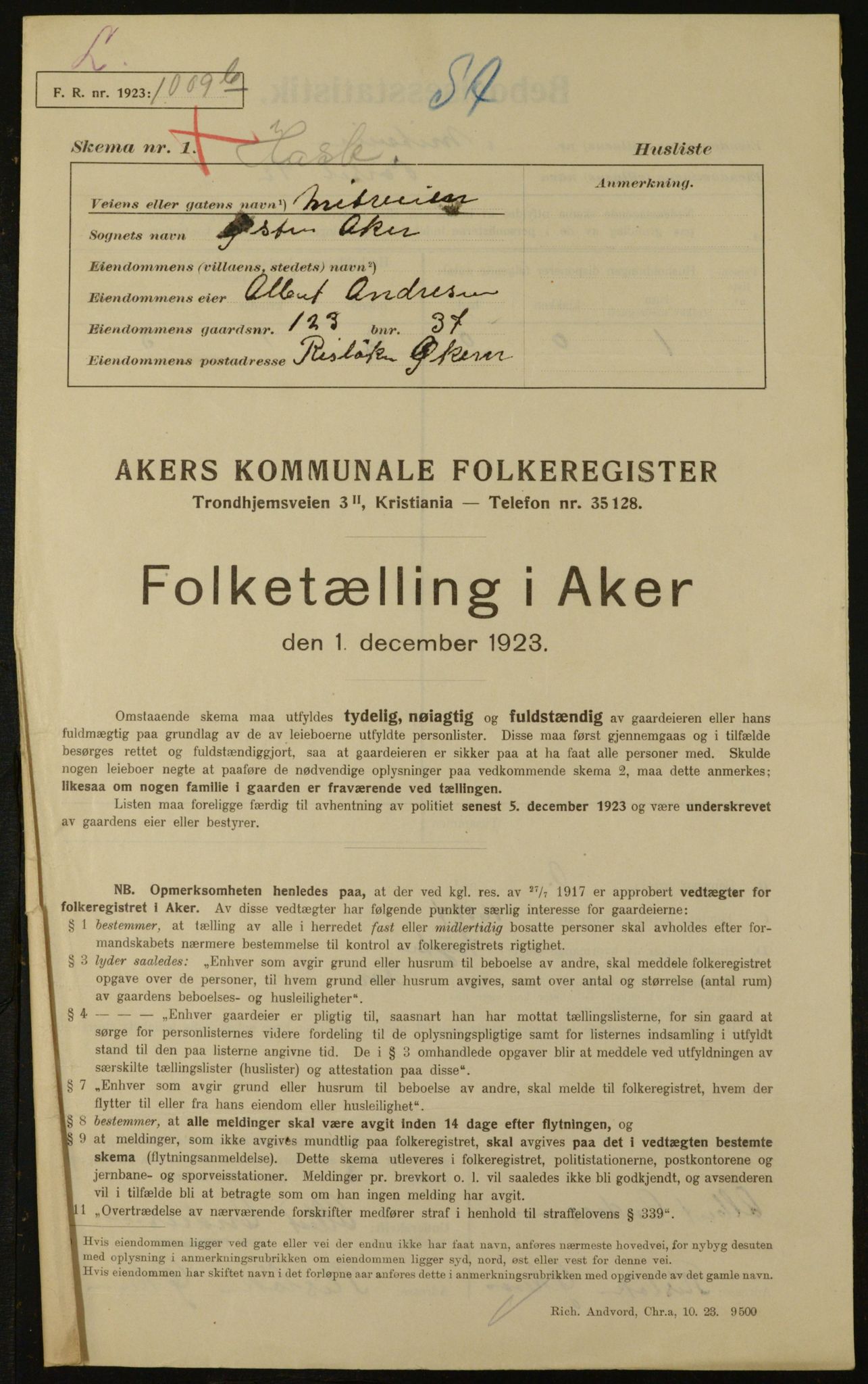 , Municipal Census 1923 for Aker, 1923, p. 28985