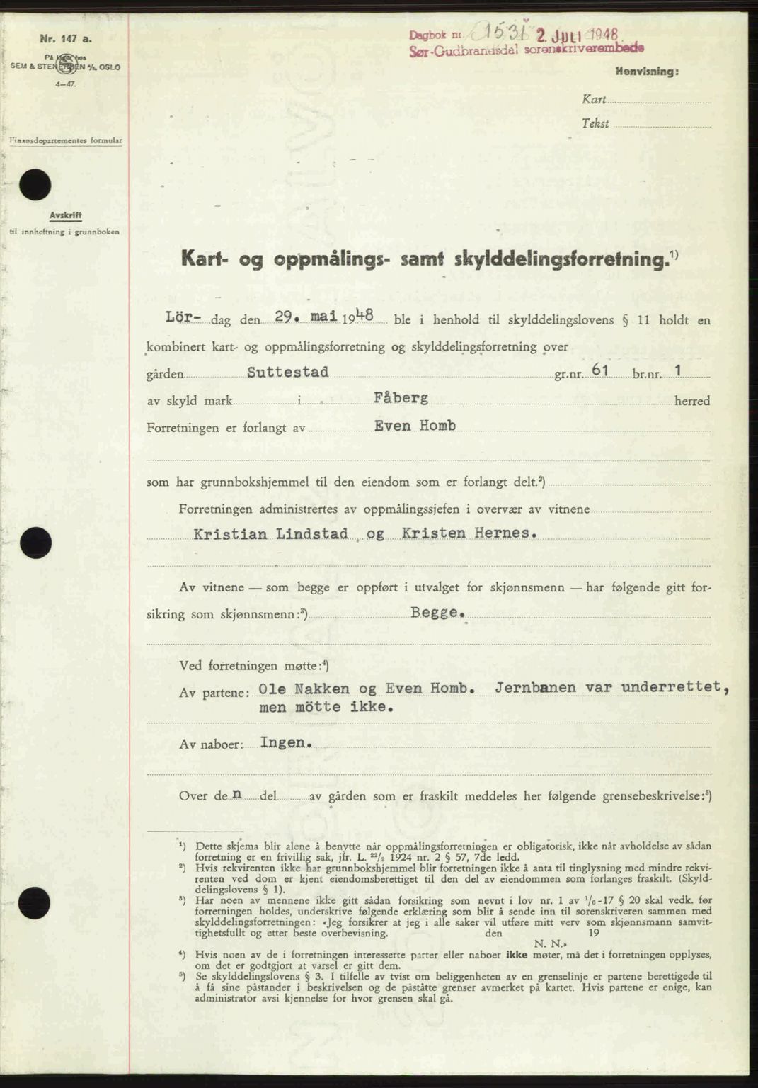 Sør-Gudbrandsdal tingrett, SAH/TING-004/H/Hb/Hbd/L0022: Mortgage book no. A22, 1948-1948, Diary no: : 1531/1948