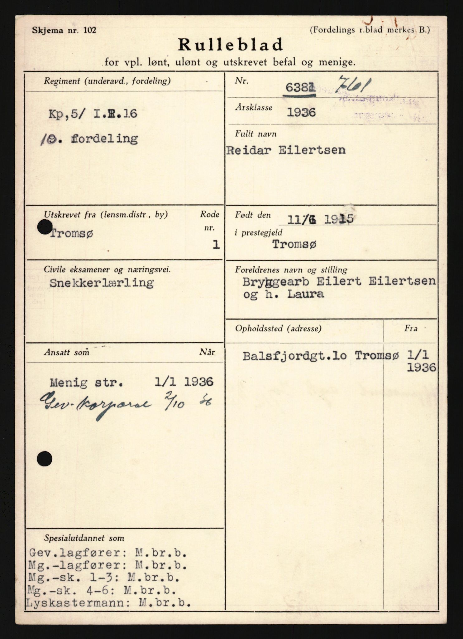 Forsvaret, Troms infanteriregiment nr. 16, AV/RA-RAFA-3146/P/Pa/L0020: Rulleblad for regimentets menige mannskaper, årsklasse 1936, 1936, p. 169