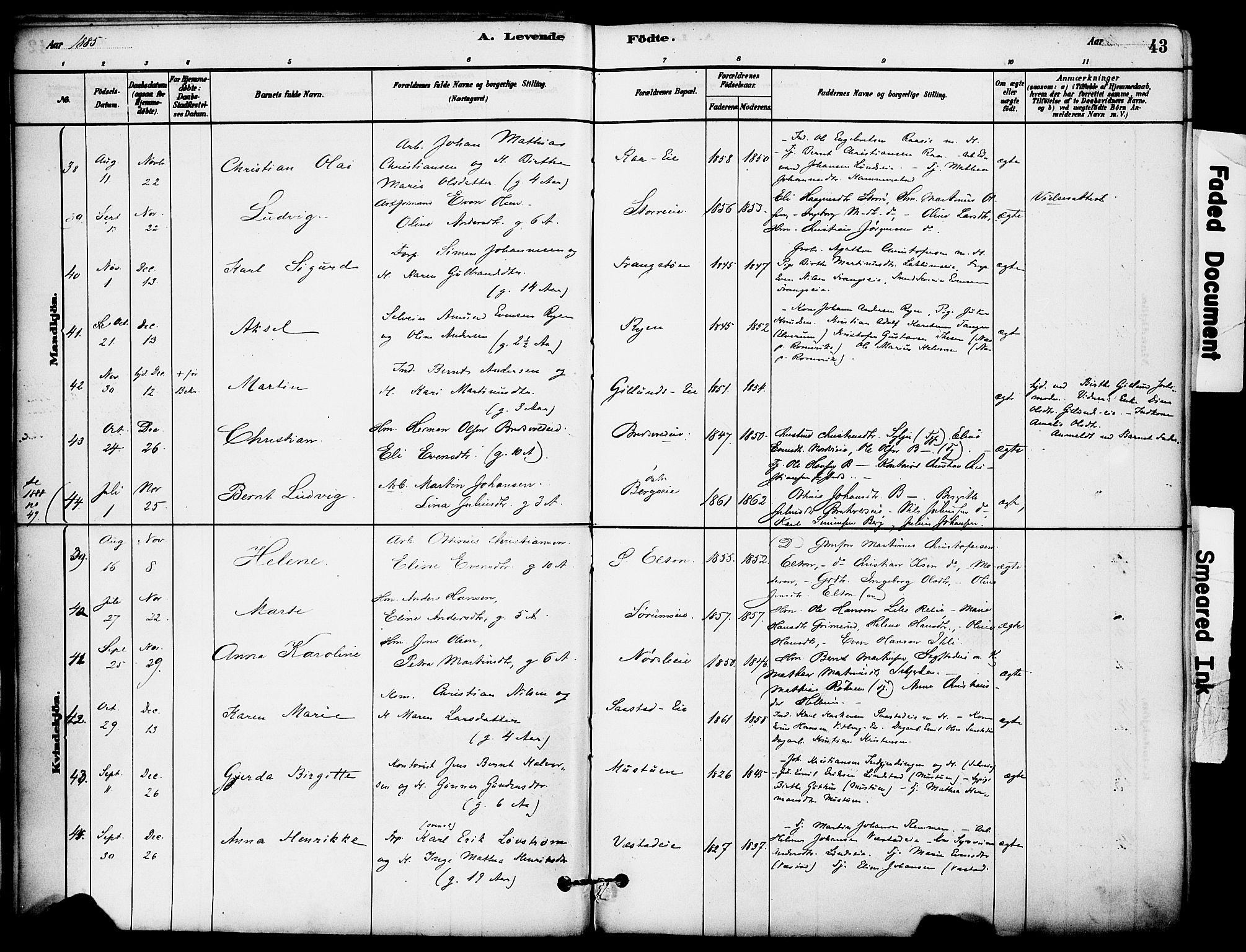 Stange prestekontor, AV/SAH-PREST-002/K/L0017: Parish register (official) no. 17, 1880-1893, p. 43