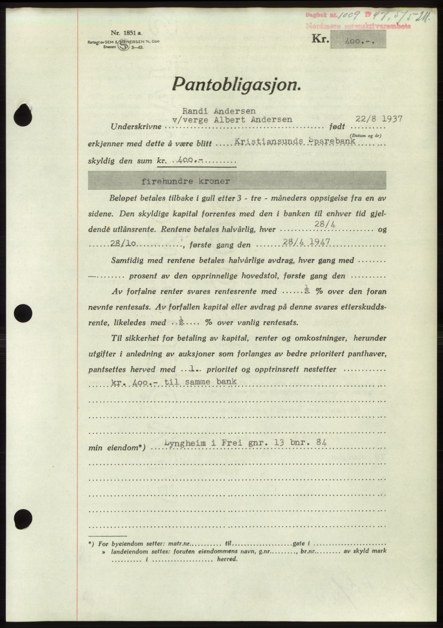 Nordmøre sorenskriveri, AV/SAT-A-4132/1/2/2Ca: Mortgage book no. B96, 1947-1947, Diary no: : 1009/1947