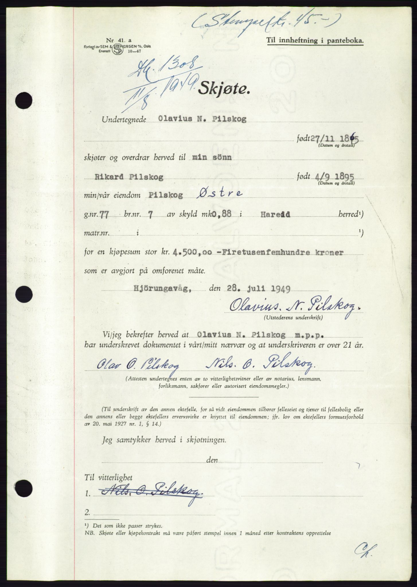 Søre Sunnmøre sorenskriveri, AV/SAT-A-4122/1/2/2C/L0084: Mortgage book no. 10A, 1949-1949, Diary no: : 1308/1949