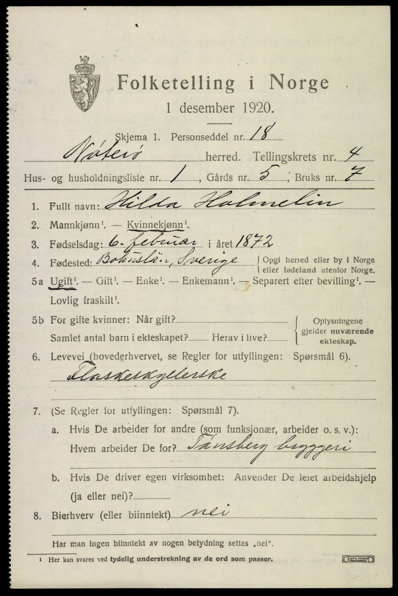SAKO, 1920 census for Nøtterøy, 1920, p. 6693