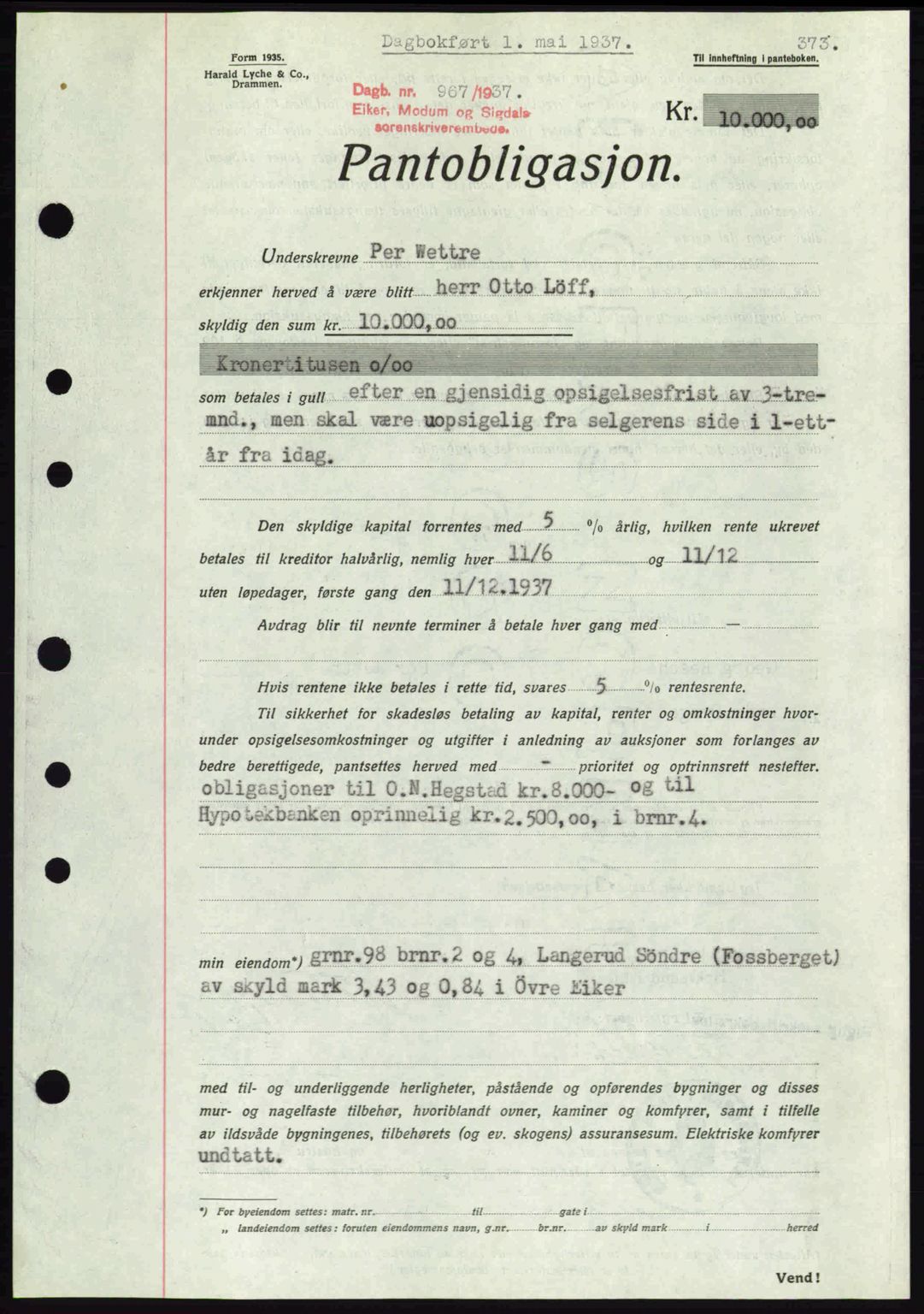 Eiker, Modum og Sigdal sorenskriveri, SAKO/A-123/G/Ga/Gab/L0035: Mortgage book no. A5, 1937-1937, Diary no: : 967/1937