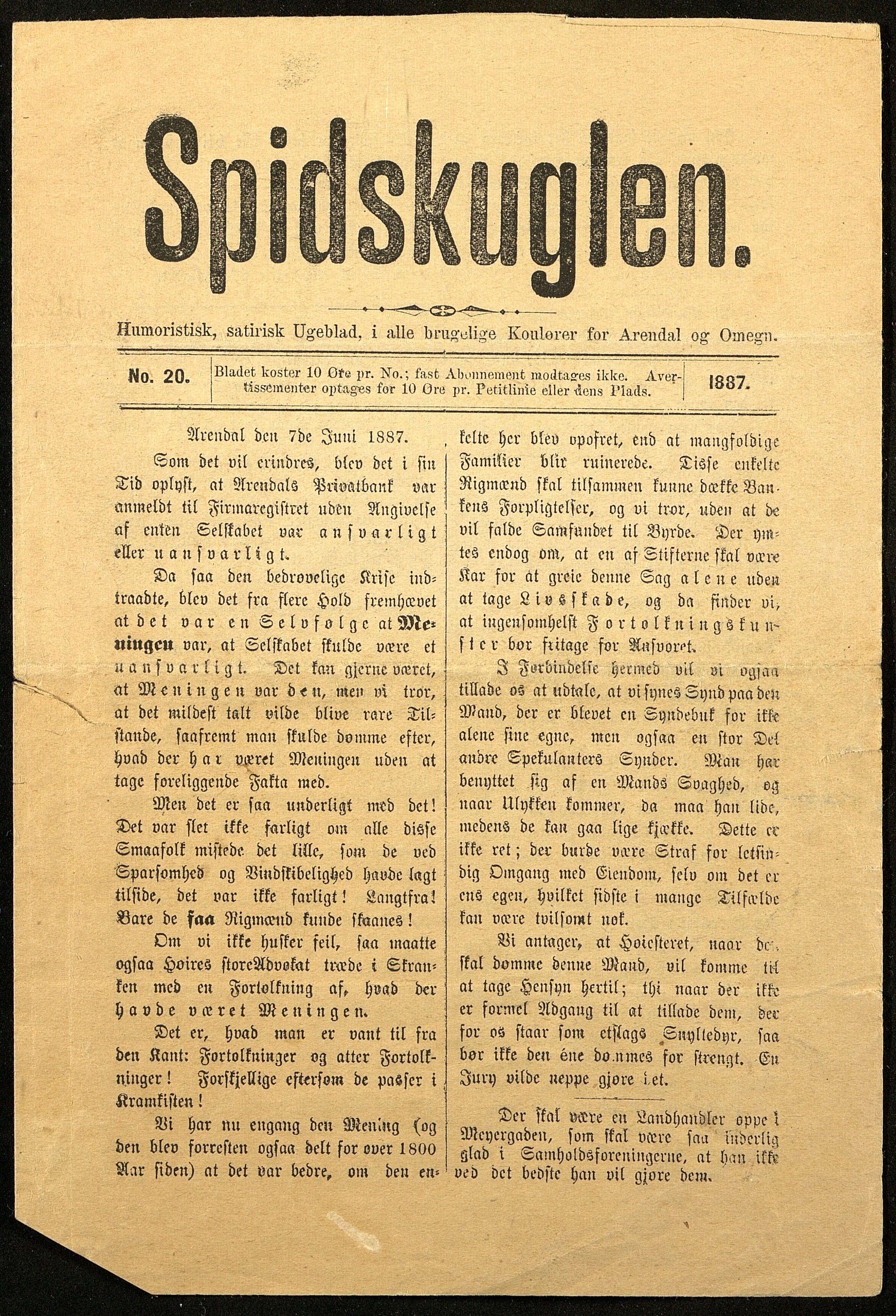 Spidskuglen, AAKS/PA-2823/X/L0001/0001: Spidskuglen / Årg. 1887, nr. 1–2, 4–23, 25–36, 1887