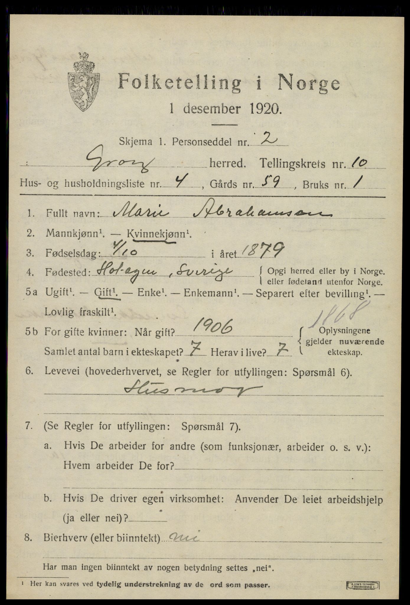 SAT, 1920 census for Grong, 1920, p. 5629