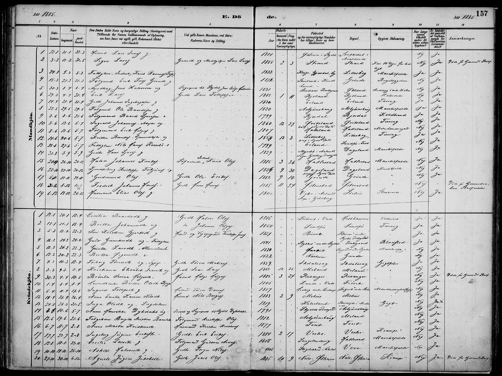 Skjold sokneprestkontor, SAST/A-101847/H/Ha/Haa/L0010: Parish register (official) no. A 10, 1882-1897, p. 157