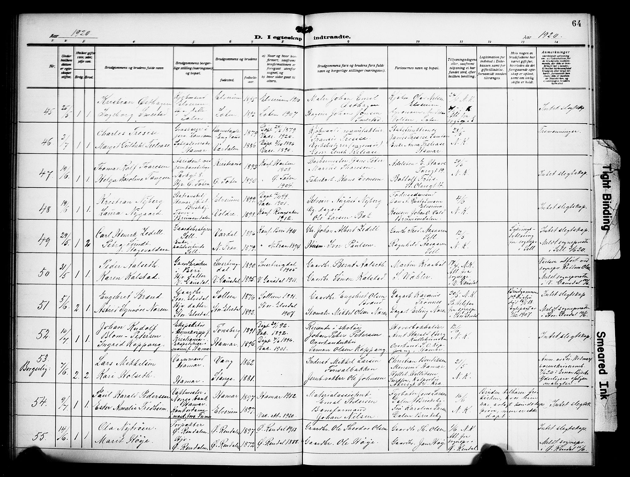 Hamar prestekontor, AV/SAH-DOMPH-002/H/Ha/Hab/L0003: Parish register (copy) no. 3, 1913-1930, p. 64