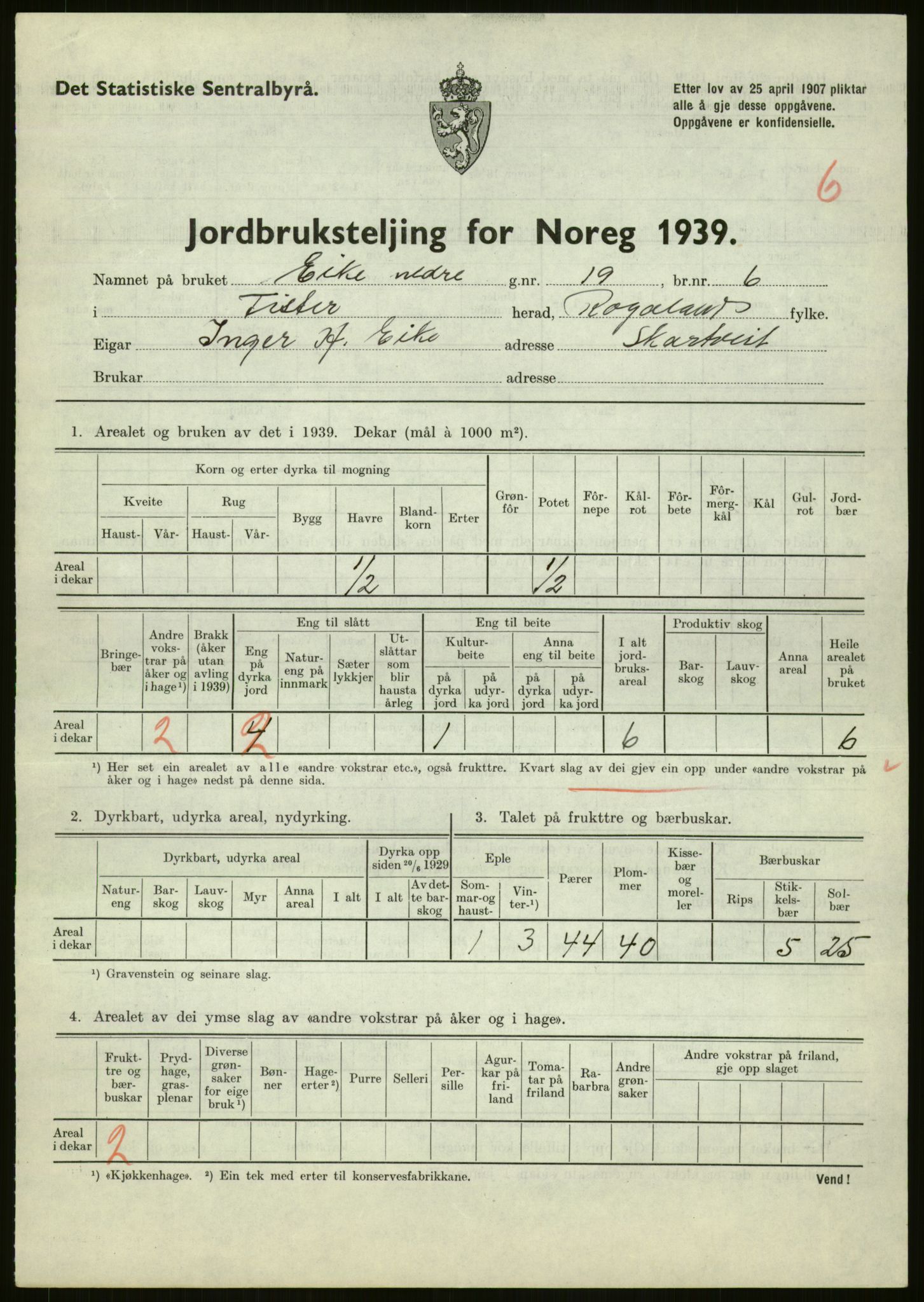 Statistisk sentralbyrå, Næringsøkonomiske emner, Jordbruk, skogbruk, jakt, fiske og fangst, AV/RA-S-2234/G/Gb/L0184: Rogaland: Årdal, Fister og Hjelmeland, 1939, p. 137