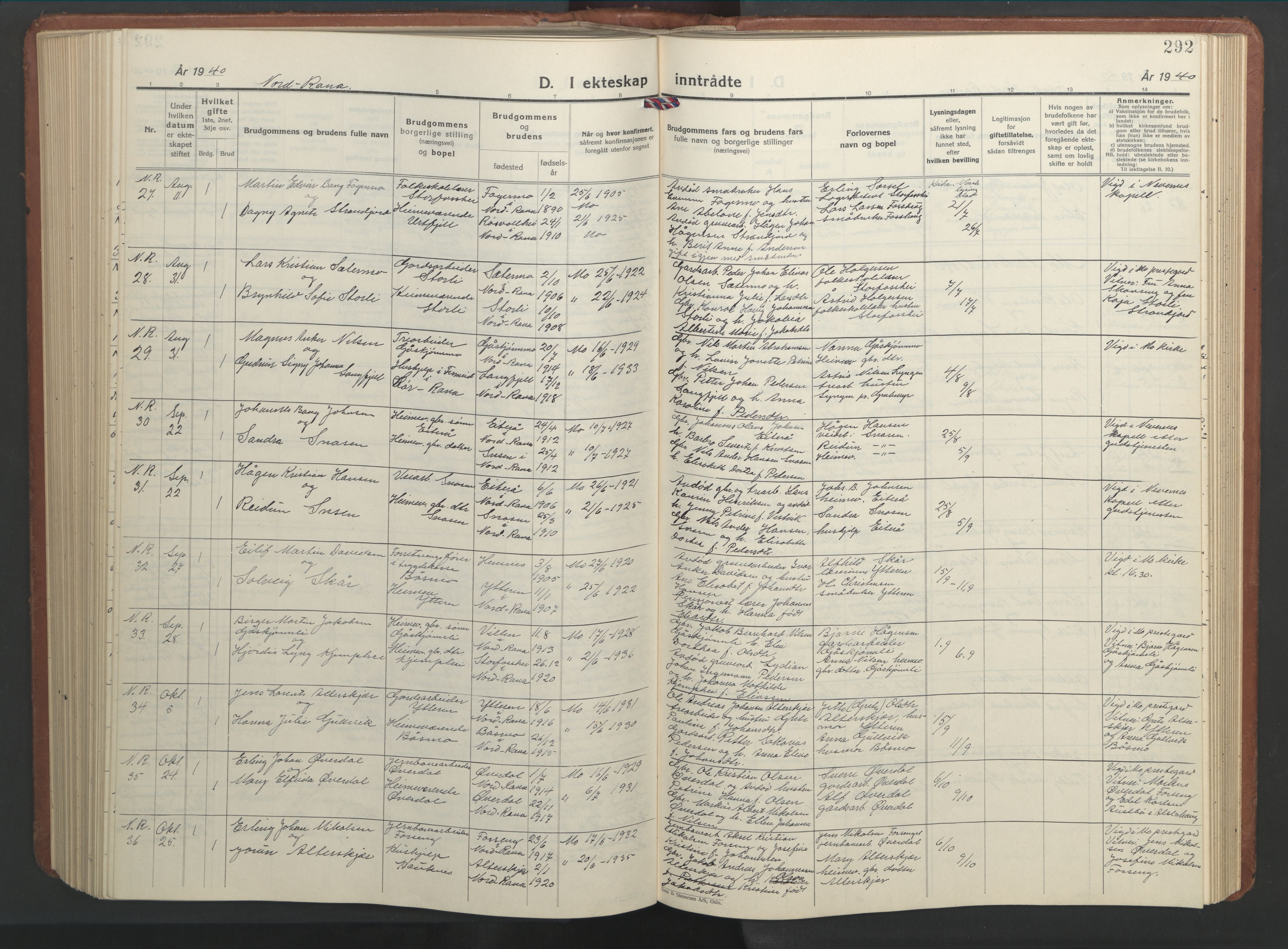 Ministerialprotokoller, klokkerbøker og fødselsregistre - Nordland, SAT/A-1459/827/L0425: Parish register (copy) no. 827C14, 1931-1946, p. 292
