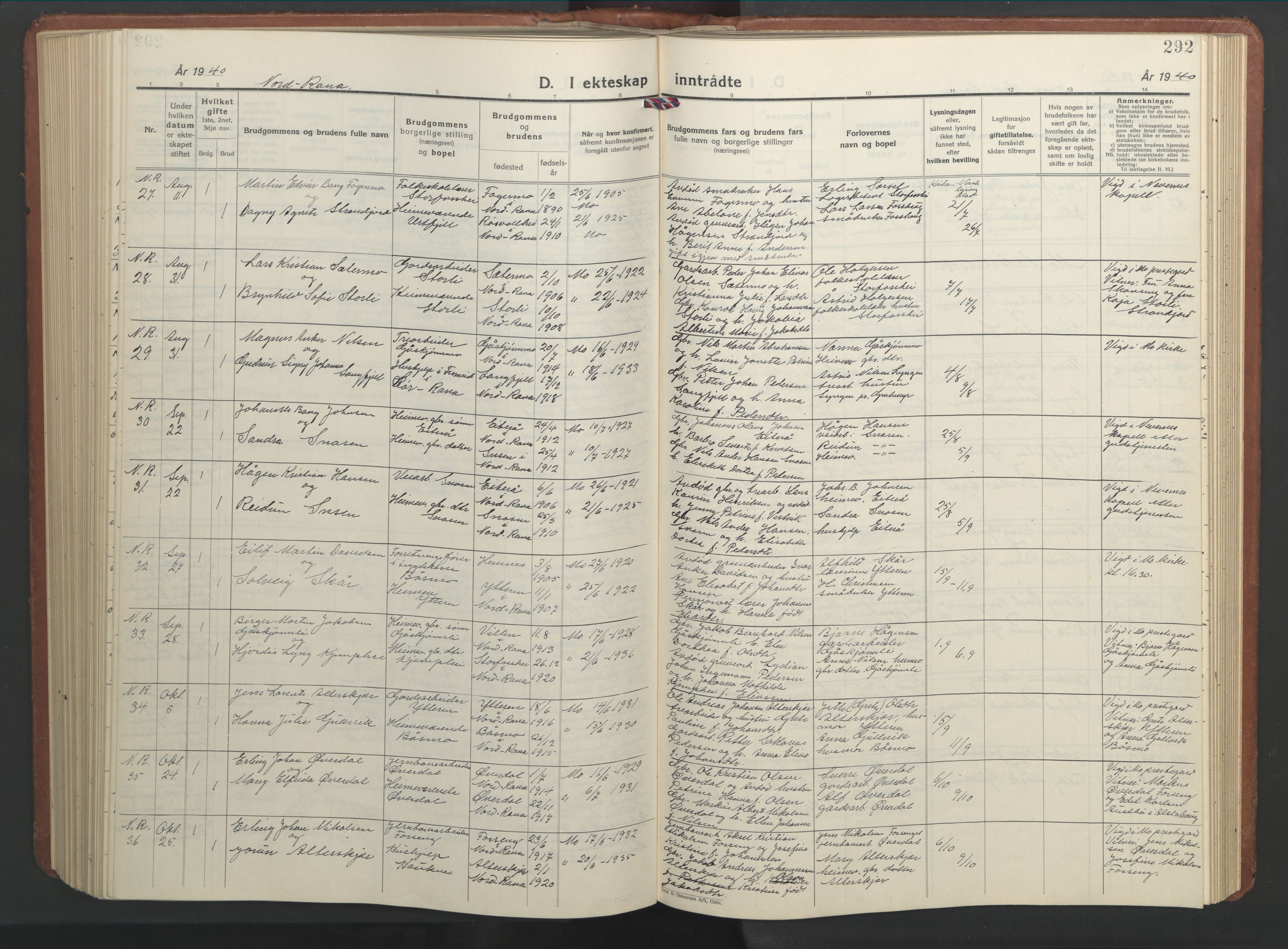 Ministerialprotokoller, klokkerbøker og fødselsregistre - Nordland, AV/SAT-A-1459/827/L0425: Parish register (copy) no. 827C14, 1931-1946, p. 292