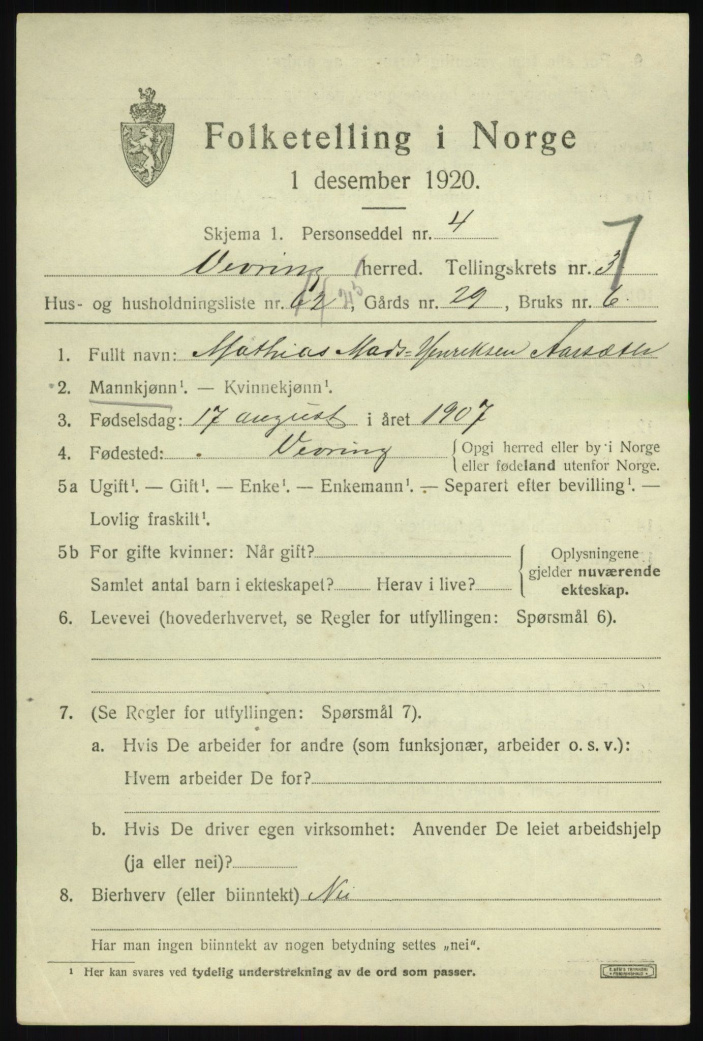 SAB, 1920 census for Vevring, 1920, p. 2250