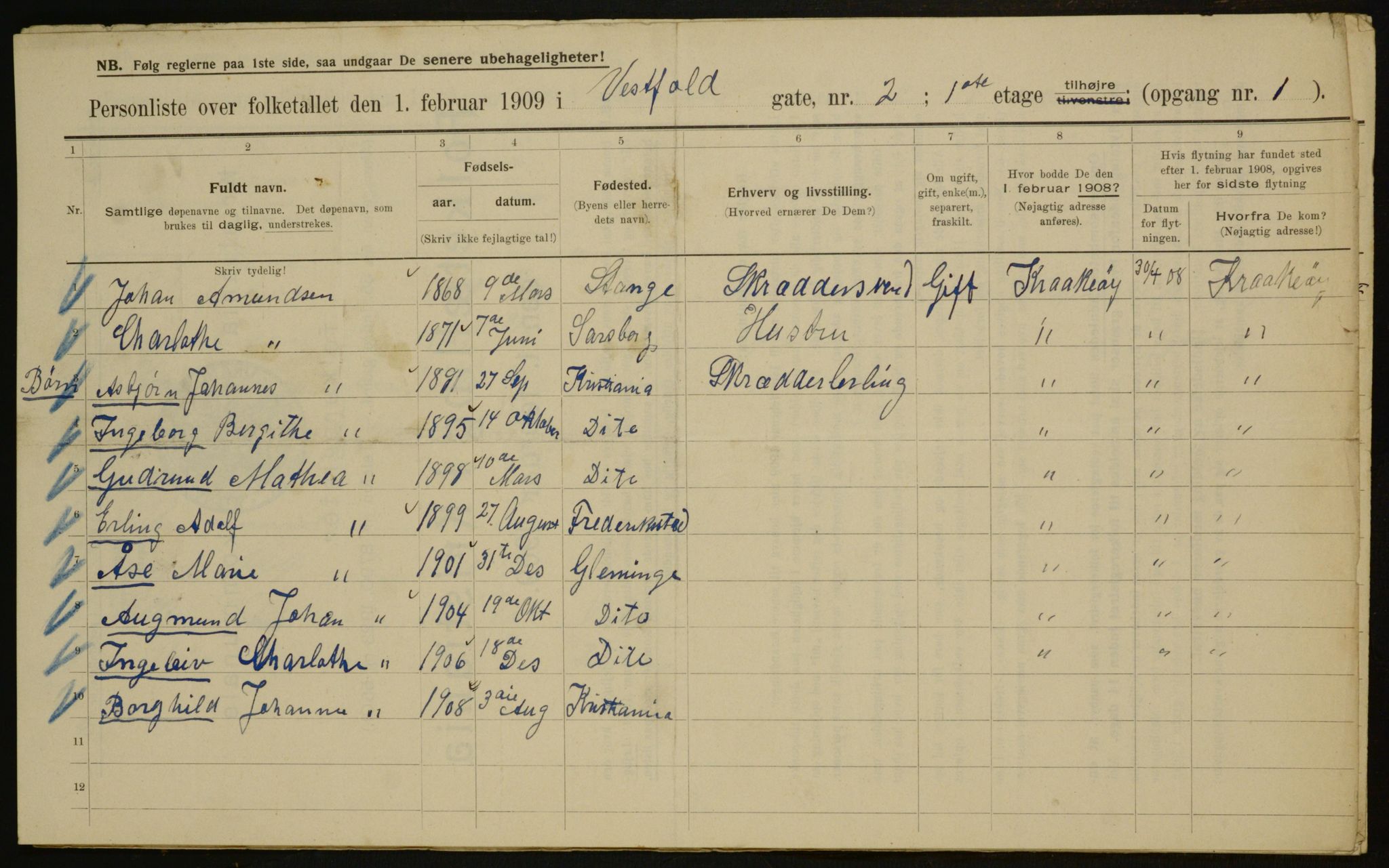 OBA, Municipal Census 1909 for Kristiania, 1909, p. 111030