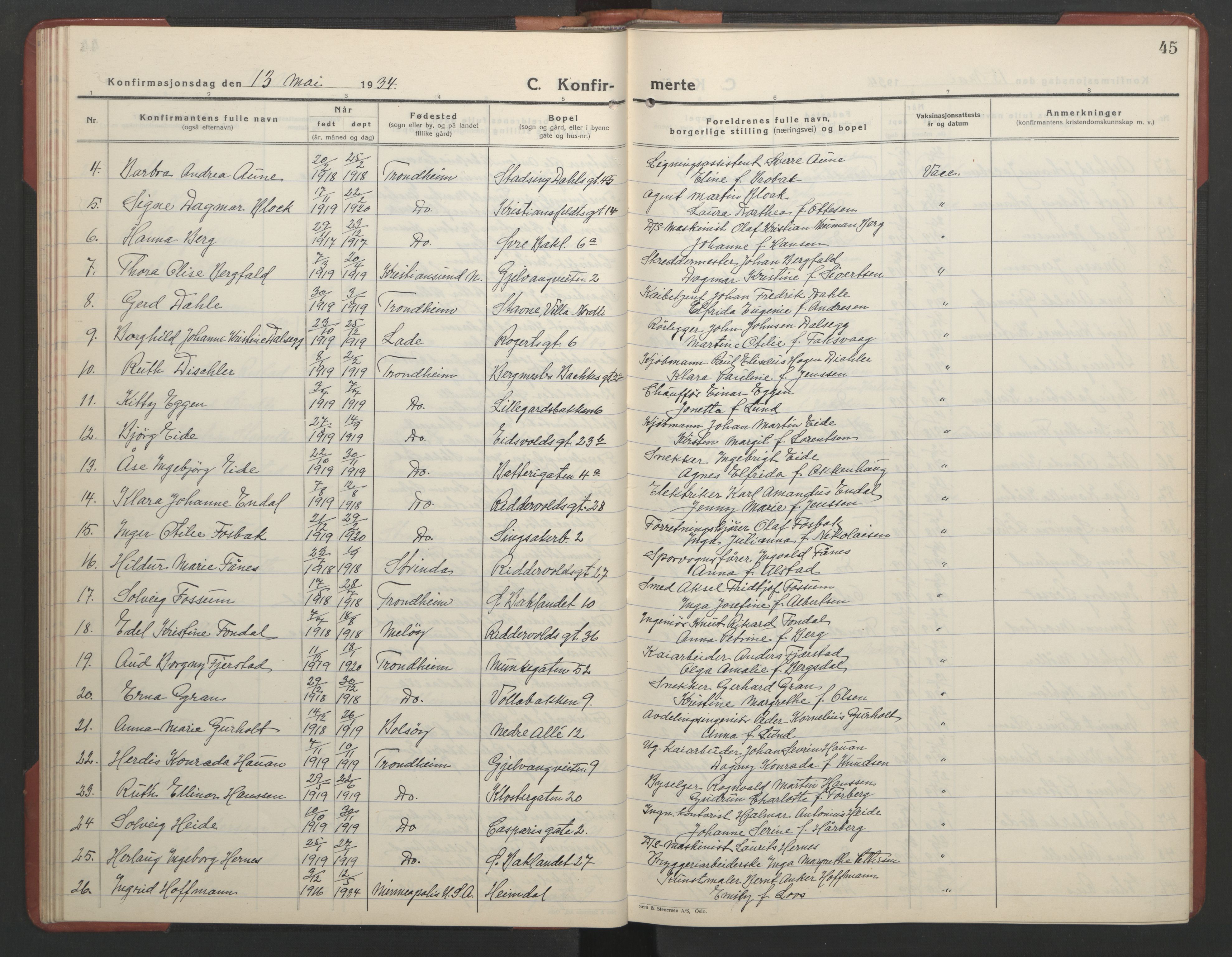 Ministerialprotokoller, klokkerbøker og fødselsregistre - Sør-Trøndelag, SAT/A-1456/602/L0151: Parish register (copy) no. 602C19, 1925-1951, p. 45