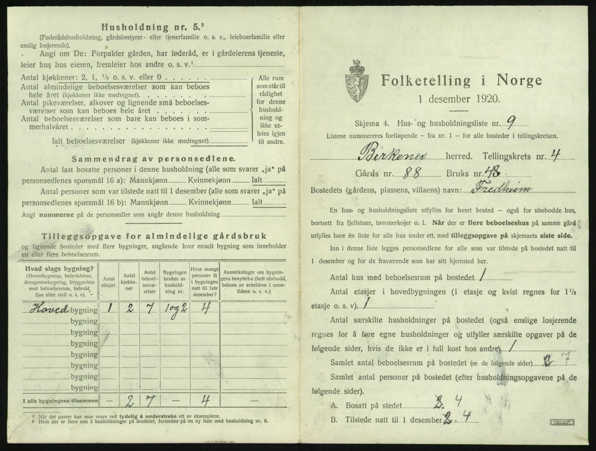 SAK, 1920 census for Birkenes, 1920, p. 263