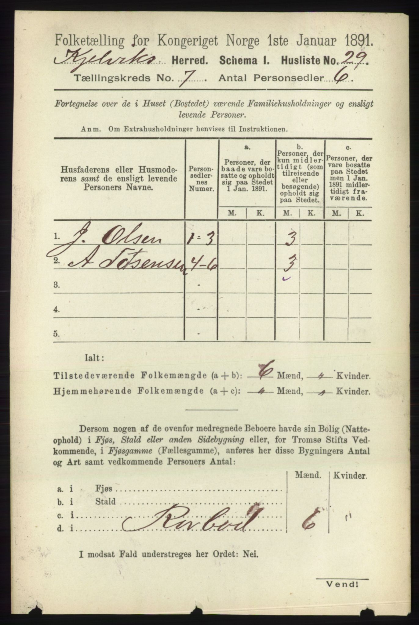 RA, 1891 census for 2019 Kjelvik, 1891, p. 874