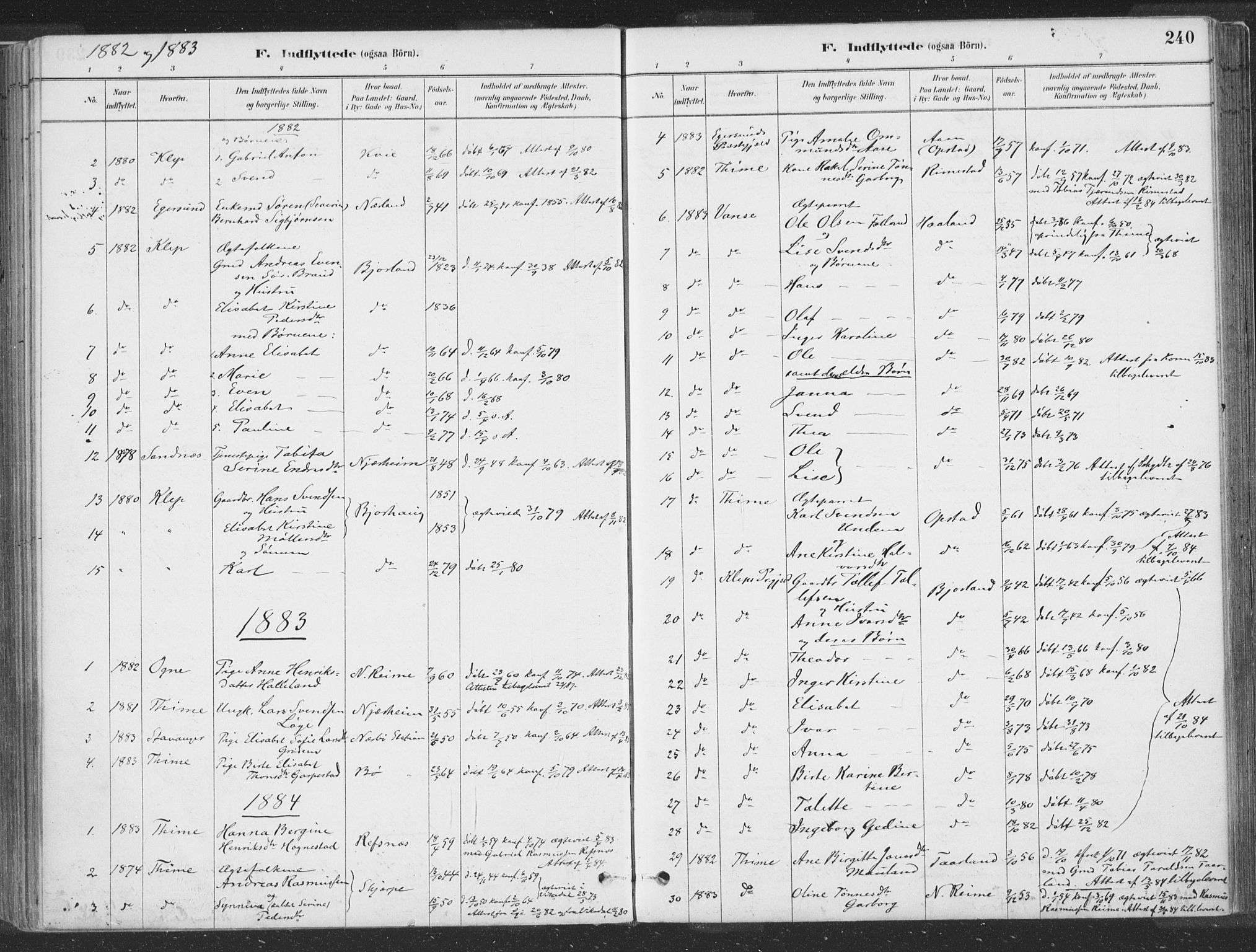 Hå sokneprestkontor, SAST/A-101801/001/30BA/L0010: Parish register (official) no. A 9, 1879-1896, p. 240