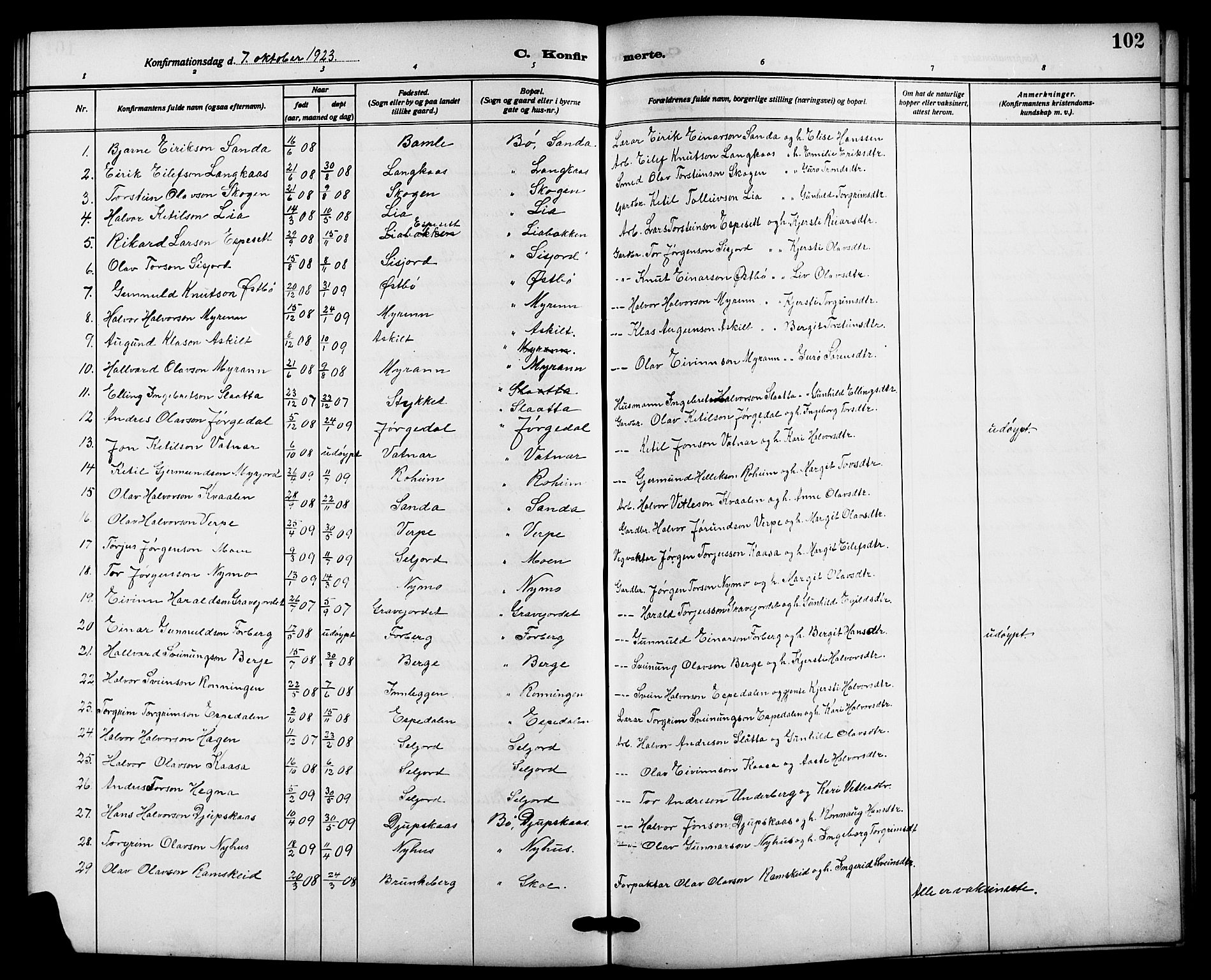 Bø kirkebøker, AV/SAKO-A-257/G/Ga/L0007: Parish register (copy) no. 7, 1909-1924, p. 102