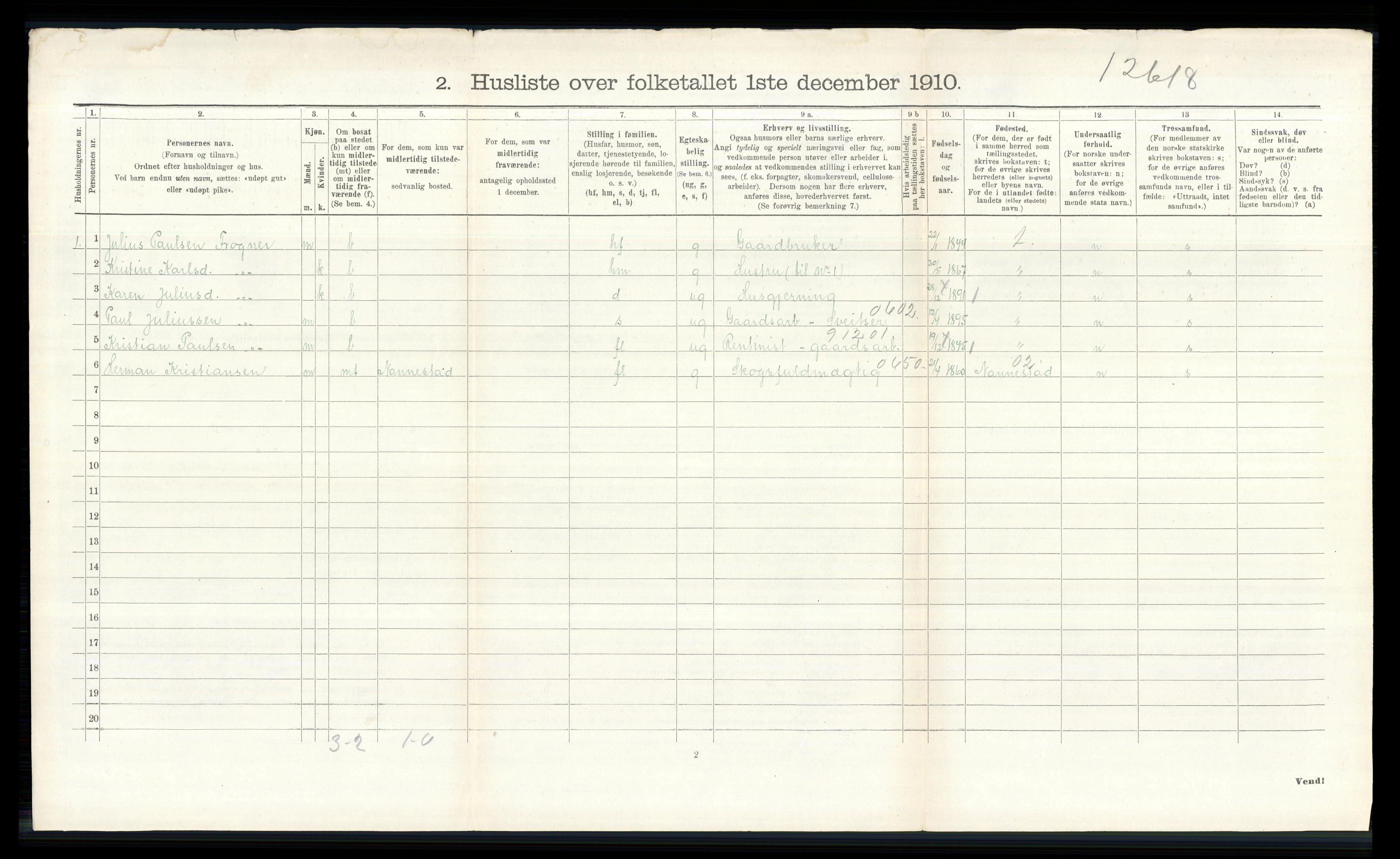 RA, 1910 census for Nes, 1910, p. 2913