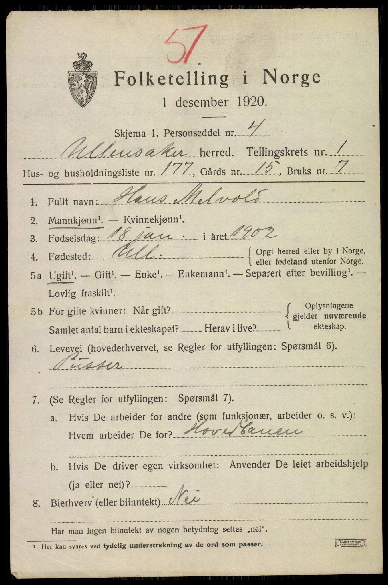 SAO, 1920 census for Ullensaker, 1920, p. 4647