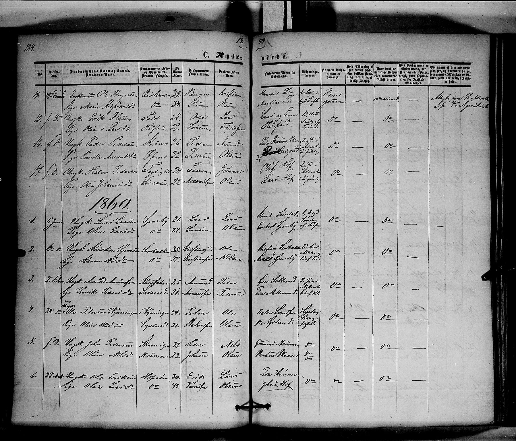 Hof prestekontor, SAH/PREST-038/H/Ha/Haa/L0008: Parish register (official) no. 8, 1849-1861, p. 184