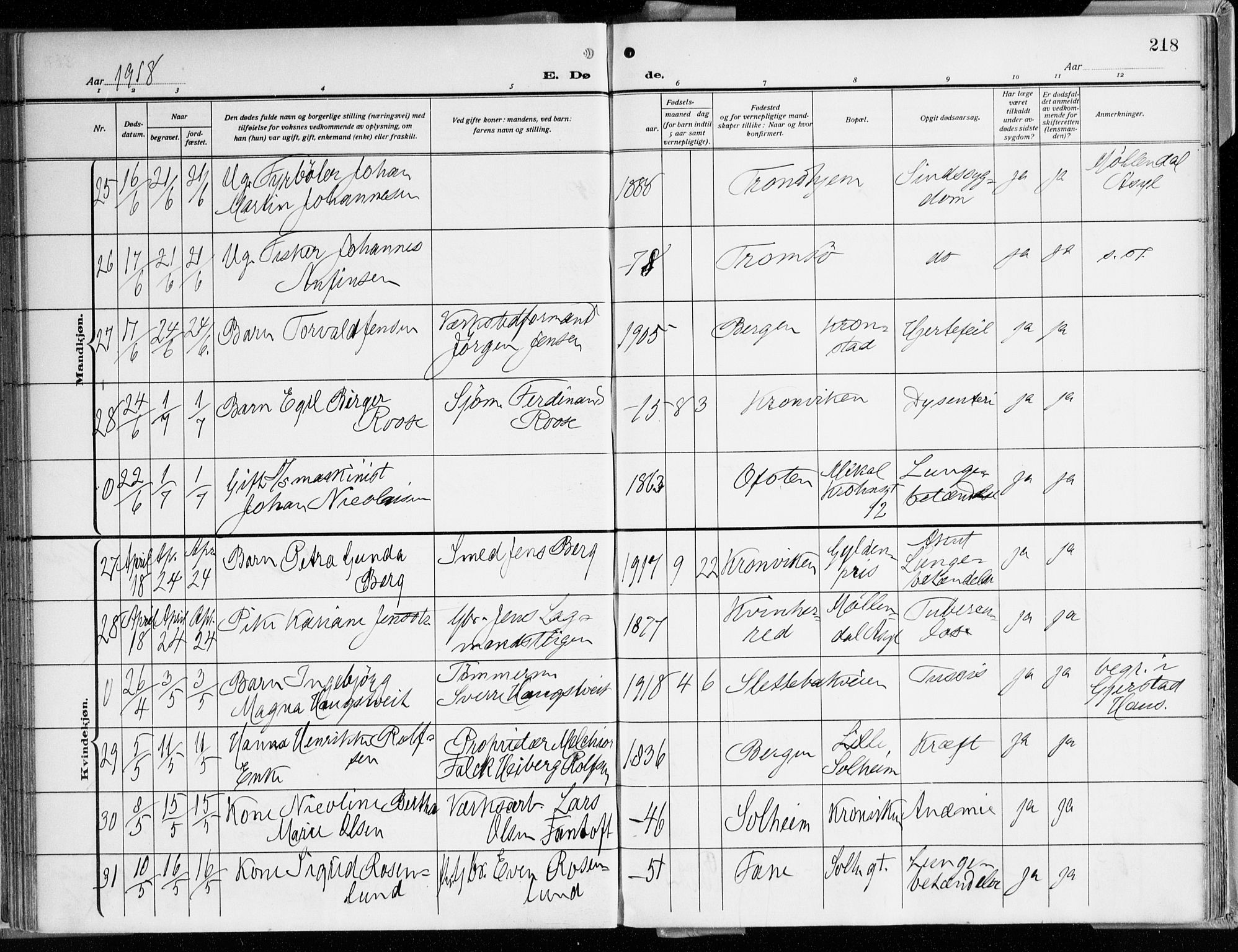 Årstad Sokneprestembete, AV/SAB-A-79301/H/Haa/L0003: Parish register (official) no. A 3, 1914-1919, p. 218