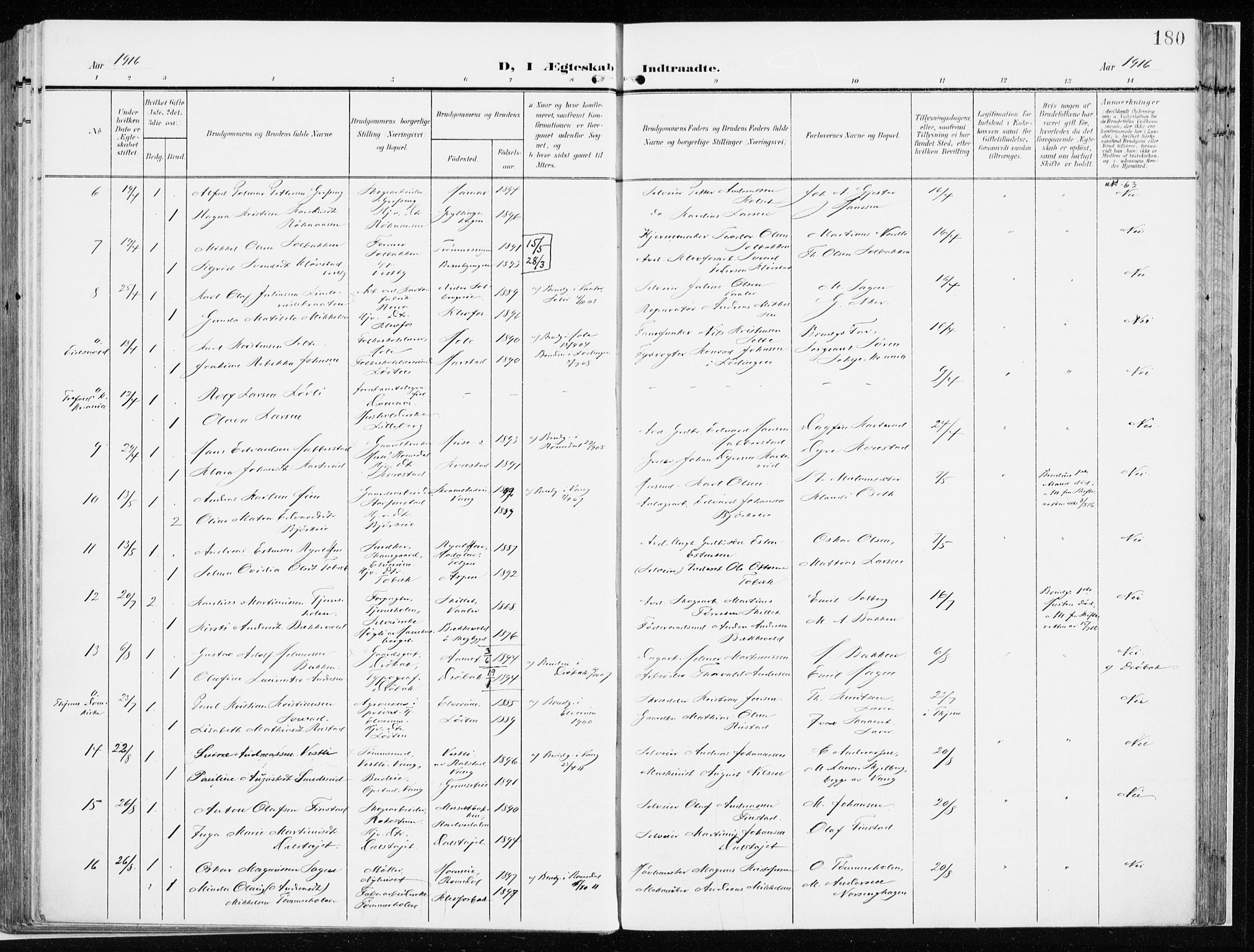 Løten prestekontor, AV/SAH-PREST-022/K/Ka/L0011: Parish register (official) no. 11, 1908-1917, p. 180