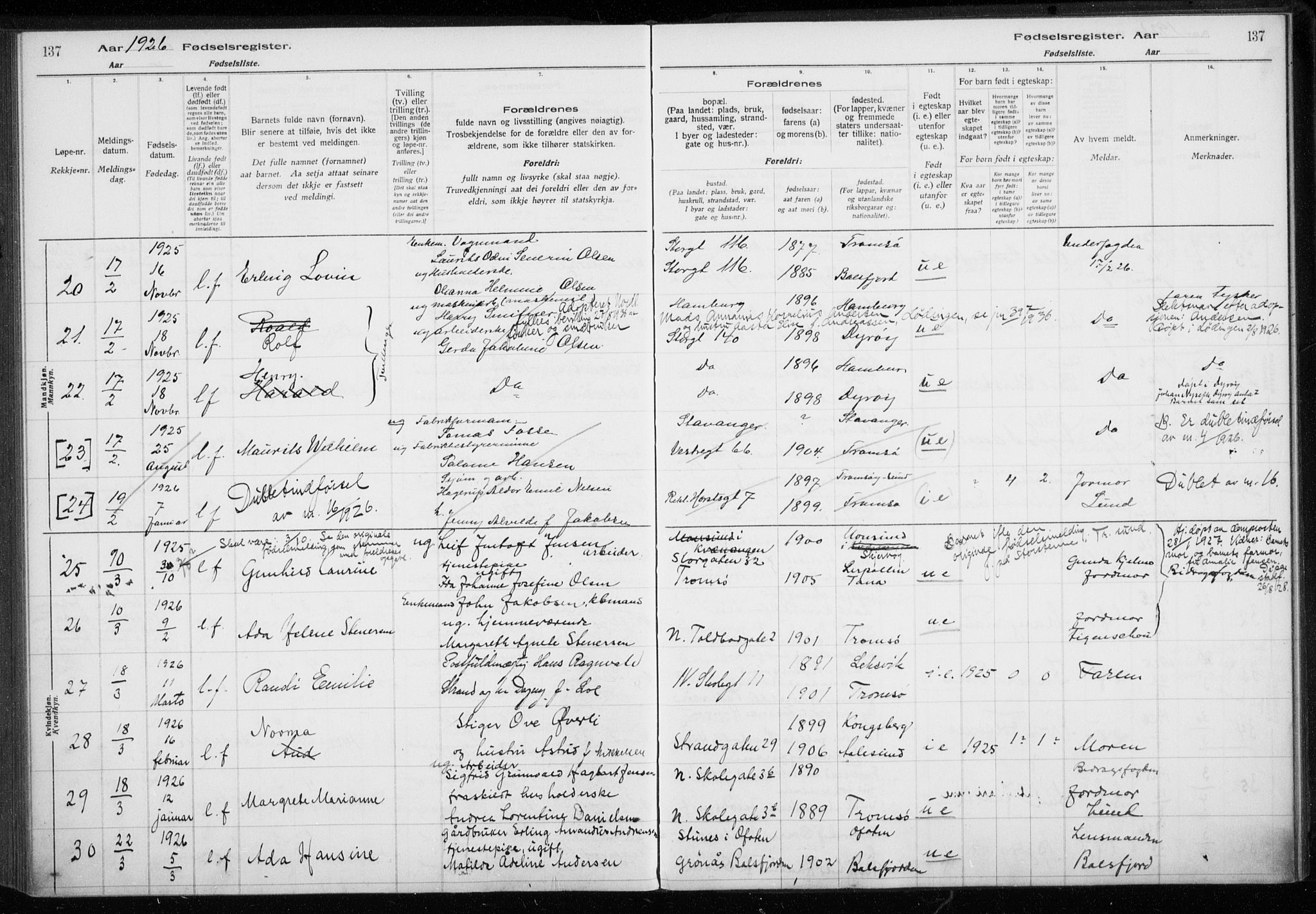 Tromsø sokneprestkontor/stiftsprosti/domprosti, AV/SATØ-S-1343/H/Ha/L0132: Birth register no. 132, 1921-1927, p. 137