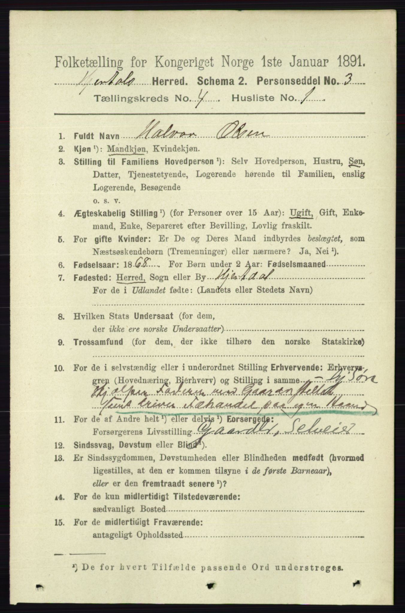 RA, 1891 census for 0827 Hjartdal, 1891, p. 1398