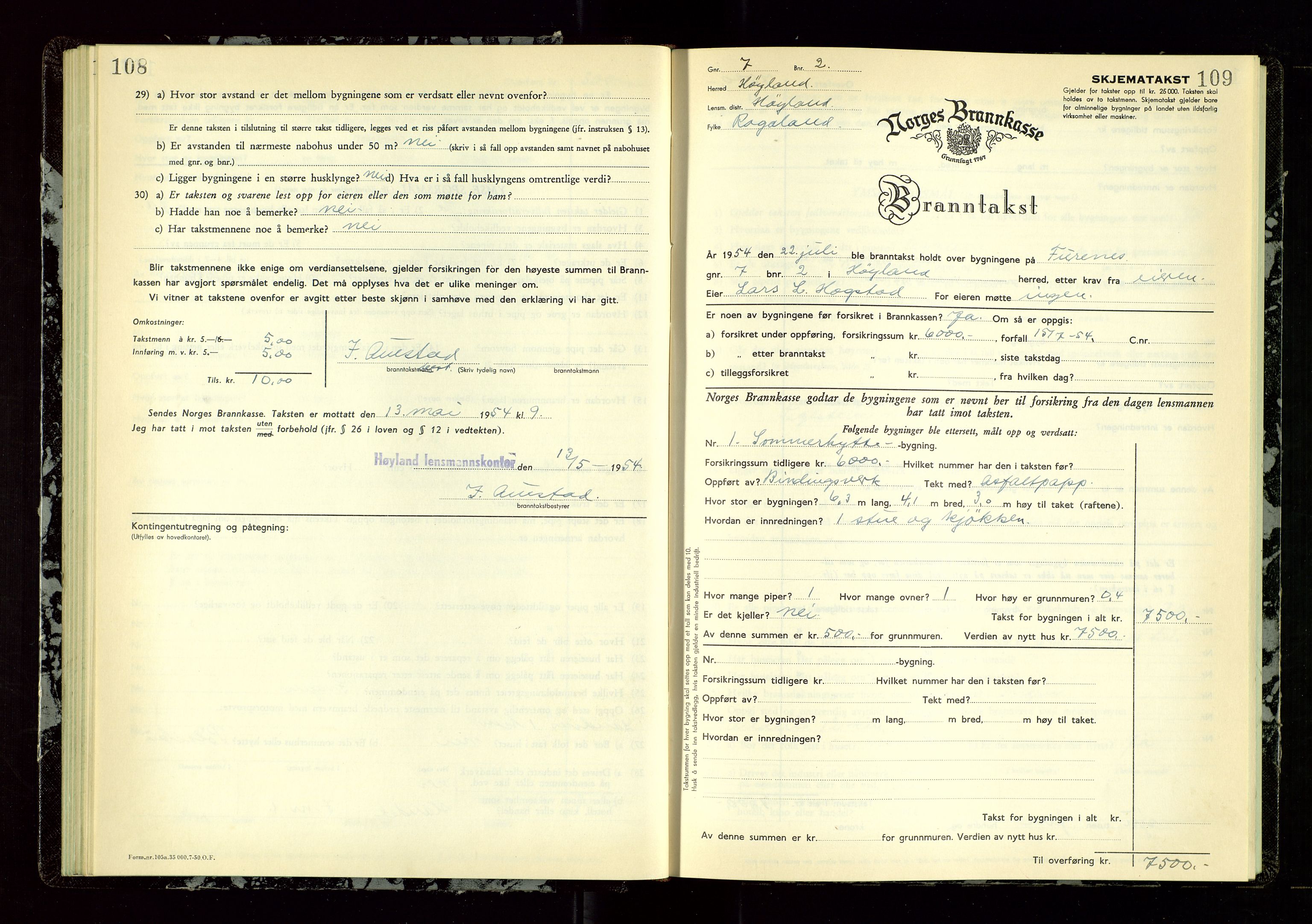 Høyland/Sandnes lensmannskontor, AV/SAST-A-100166/Gob/L0009: "Branntakstprotokoll", 1952-1955, p. 108-109