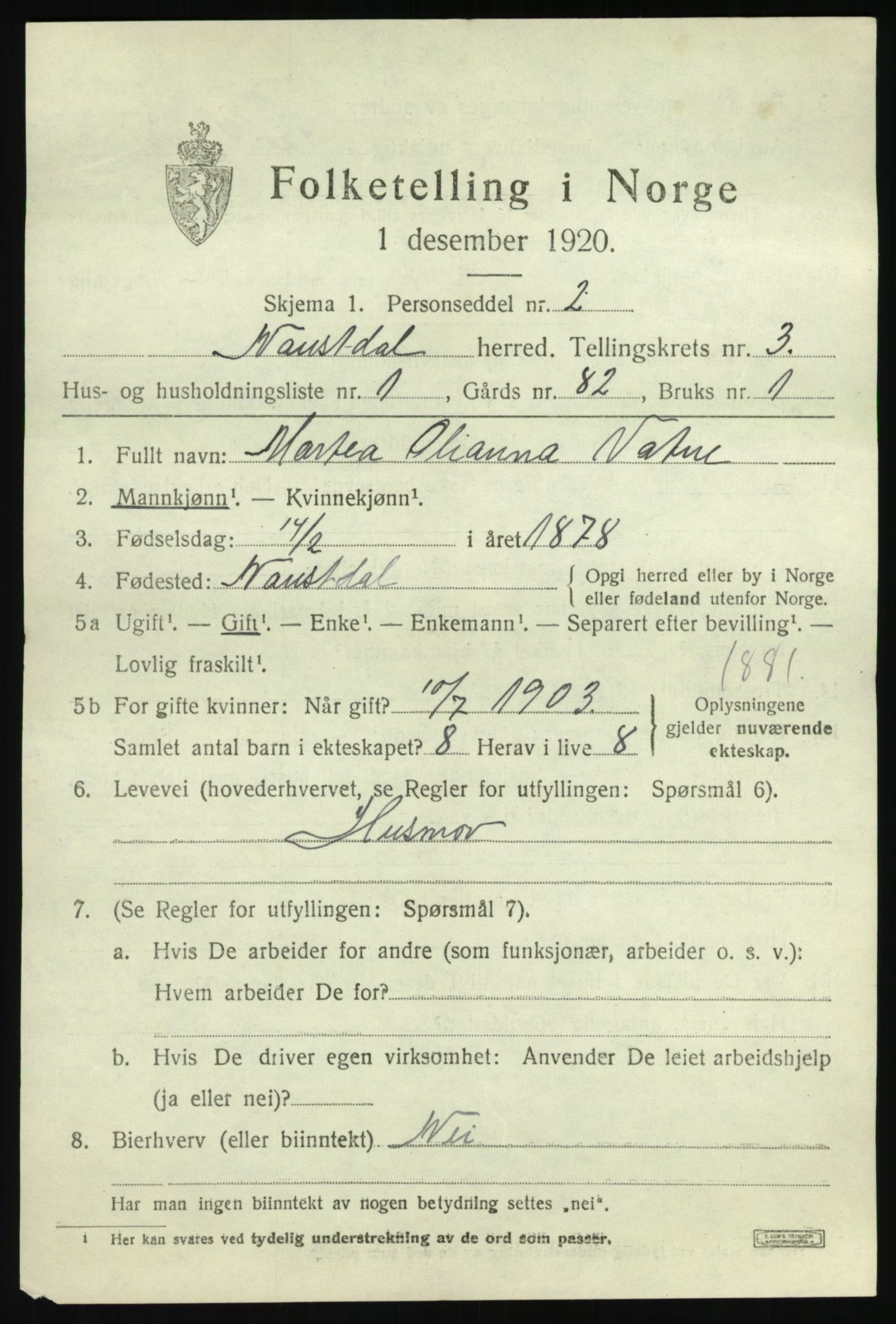 SAB, 1920 census for Naustdal, 1920, p. 1717