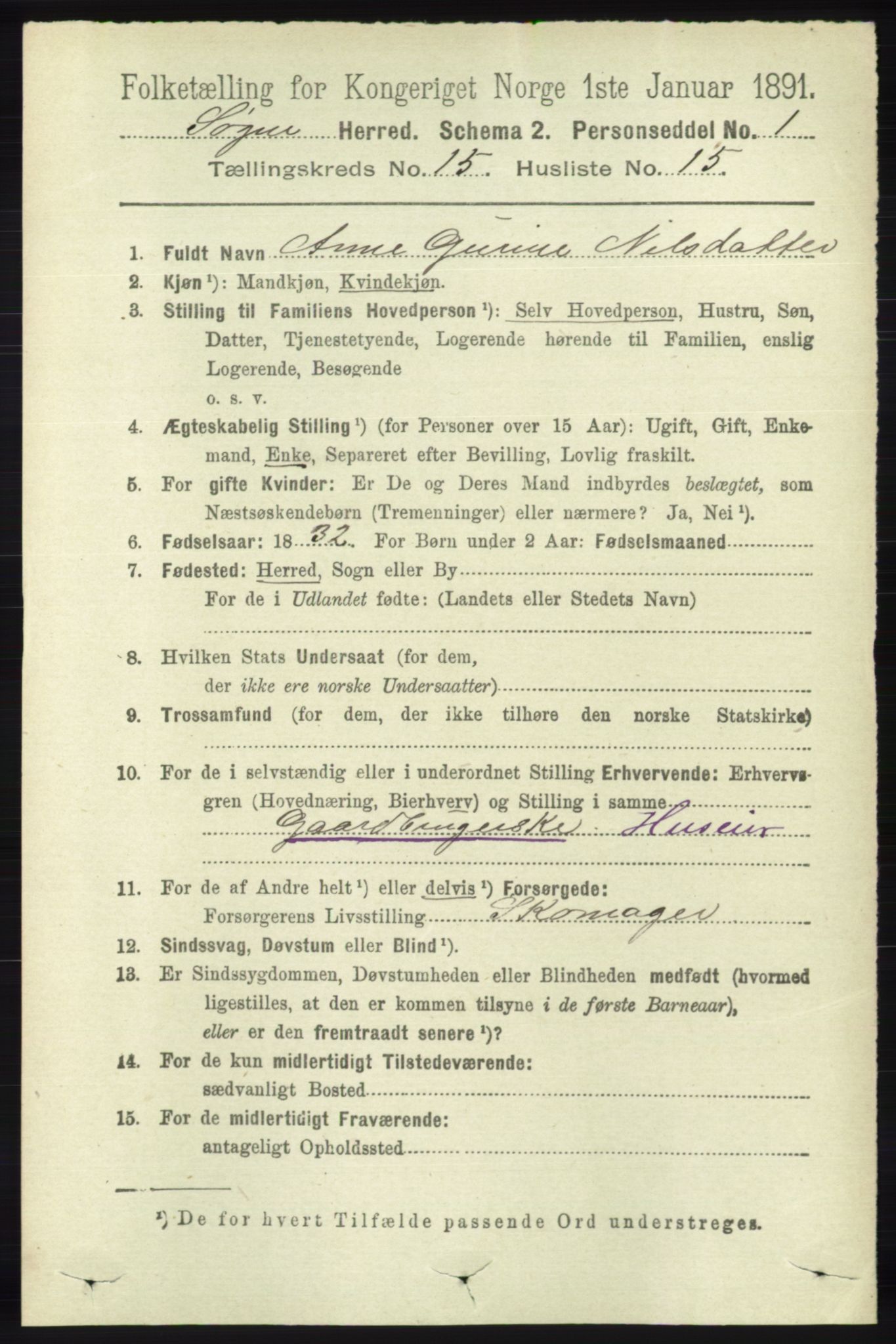 RA, 1891 census for 1018 Søgne, 1891, p. 3964