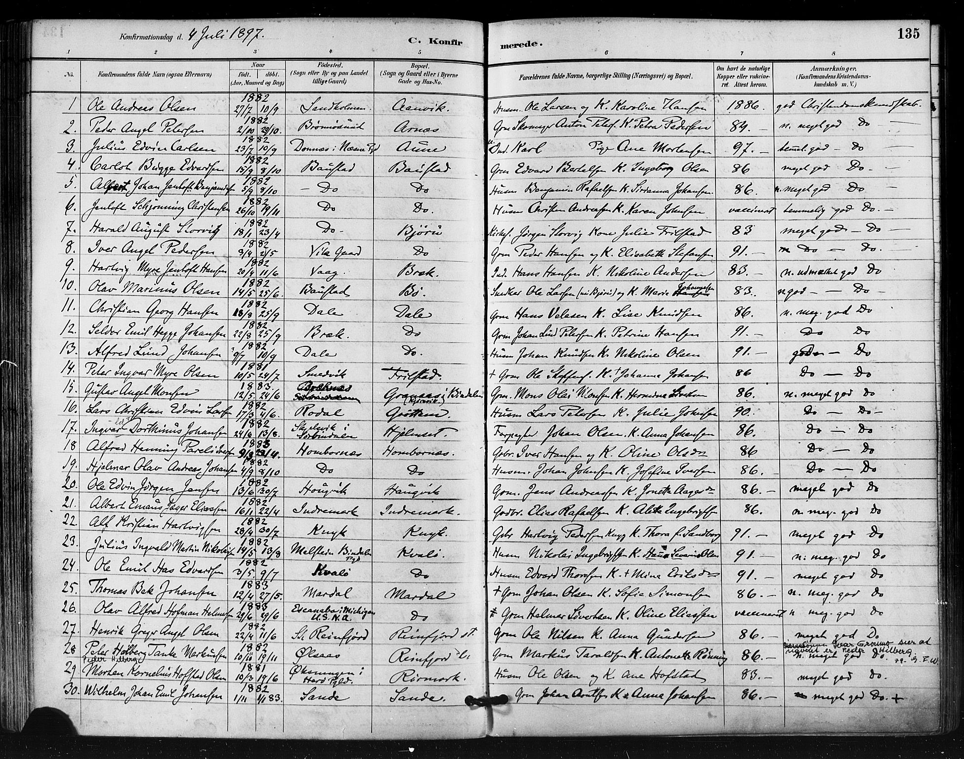 Ministerialprotokoller, klokkerbøker og fødselsregistre - Nordland, SAT/A-1459/812/L0178: Parish register (official) no. 812A07, 1886-1900, p. 135