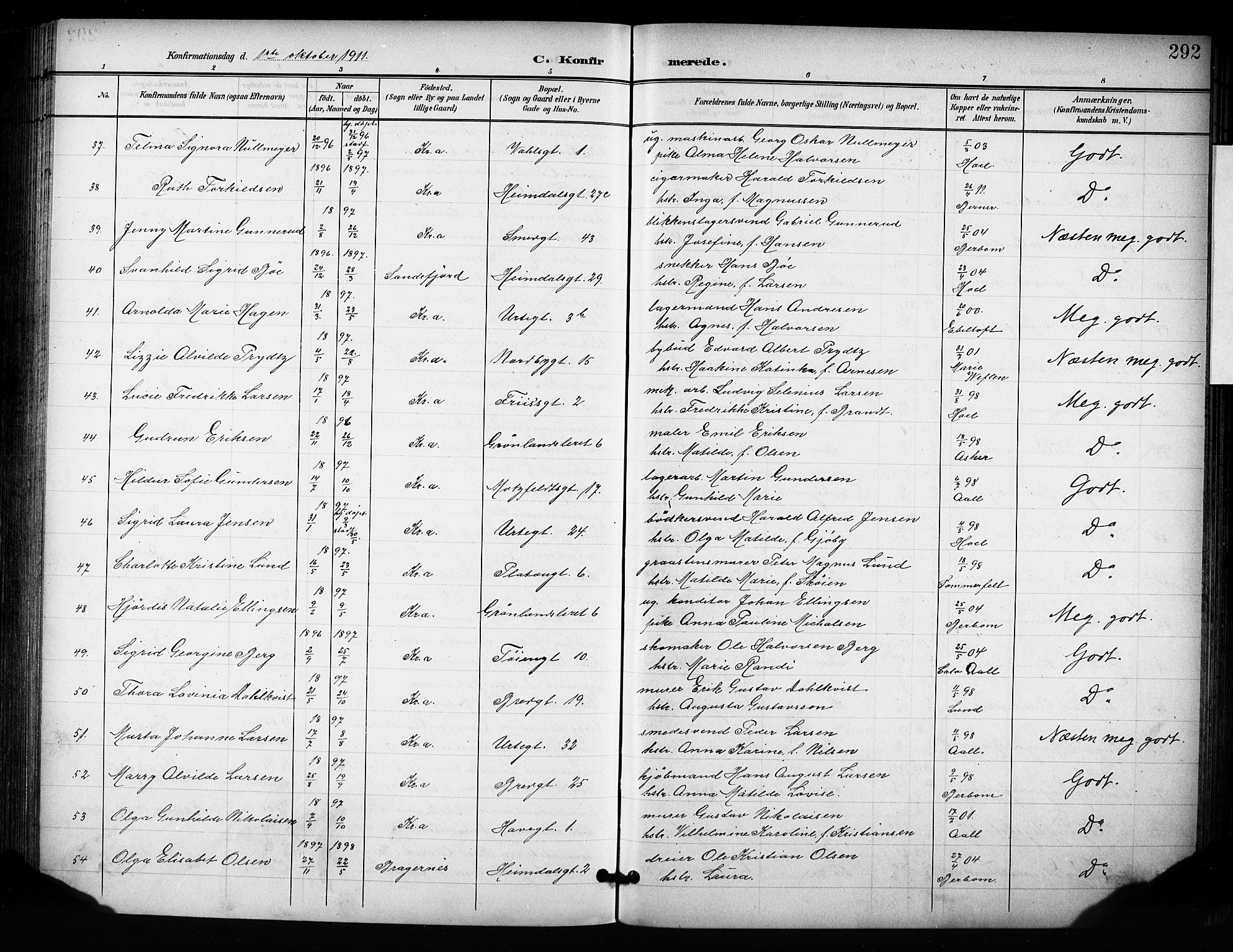 Grønland prestekontor Kirkebøker, SAO/A-10848/F/Fa/L0015: Parish register (official) no. 15, 1899-1919, p. 292