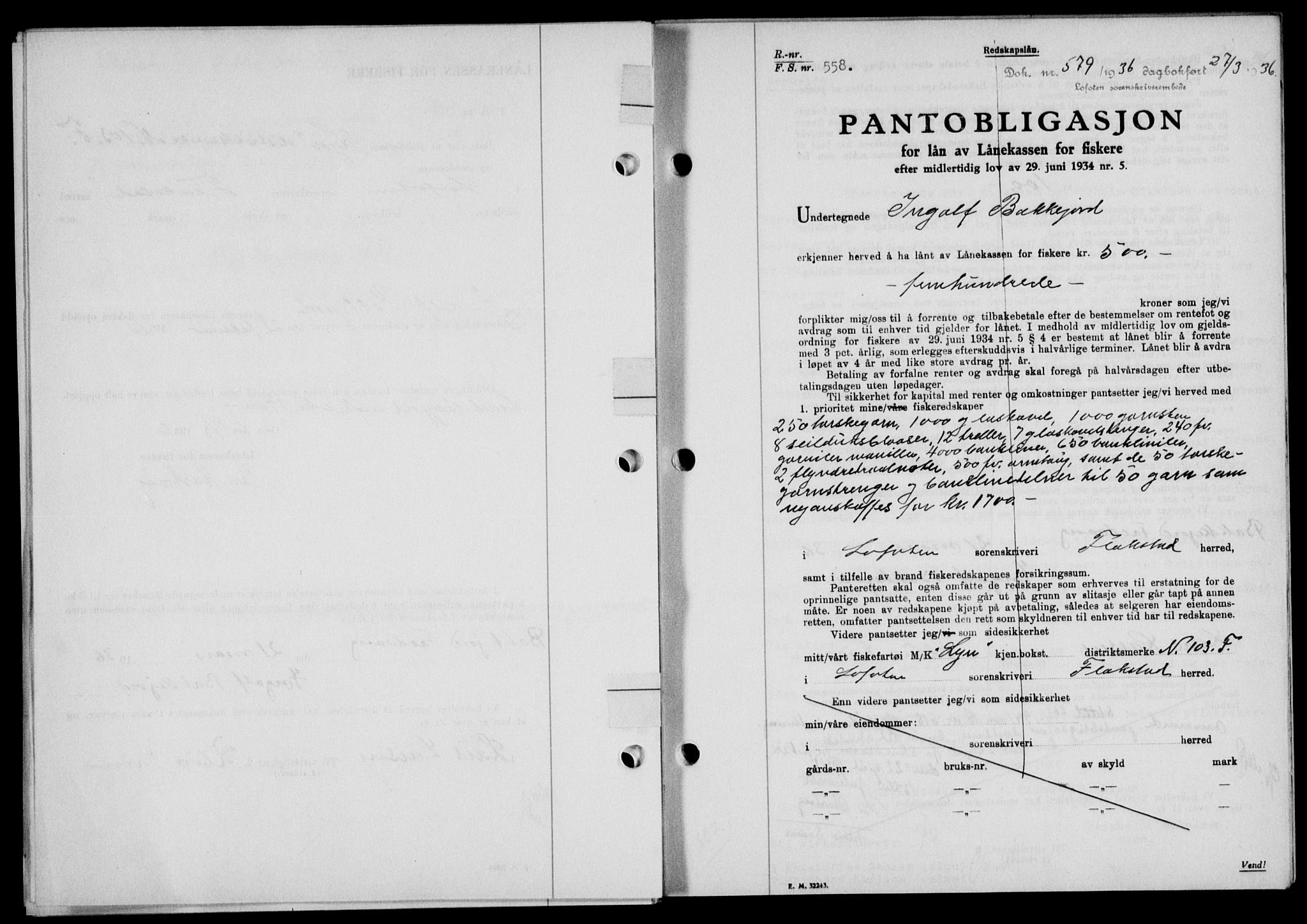 Lofoten sorenskriveri, SAT/A-0017/1/2/2C/L0033b: Mortgage book no. 33b, 1936-1936, Diary no: : 579/1936