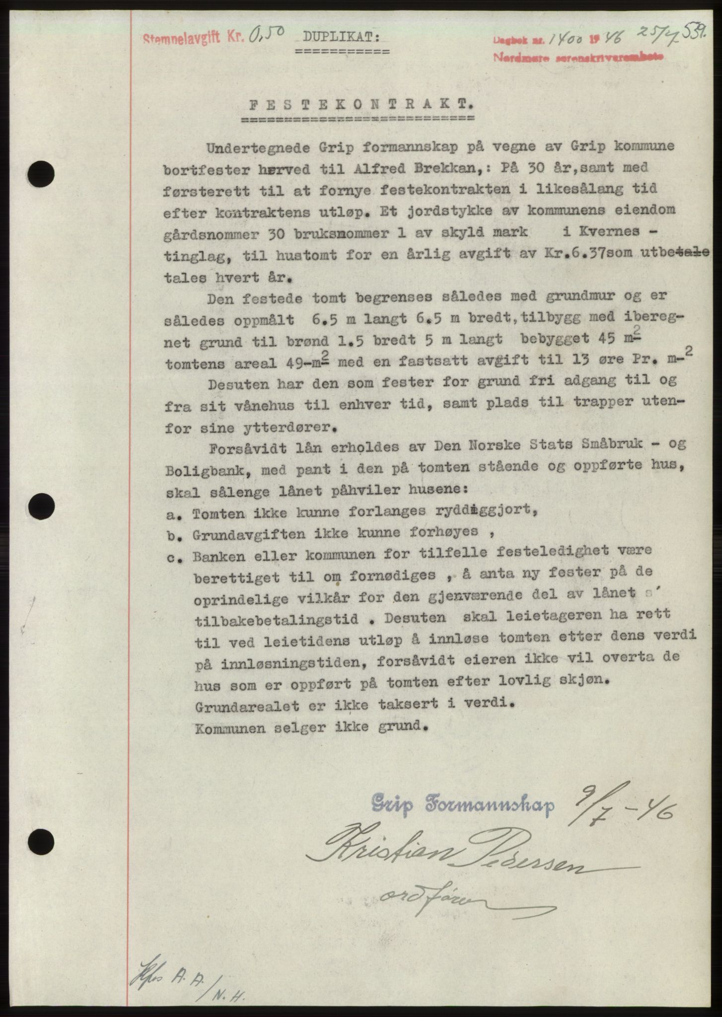 Nordmøre sorenskriveri, AV/SAT-A-4132/1/2/2Ca: Mortgage book no. B94, 1946-1946, Diary no: : 1400/1946