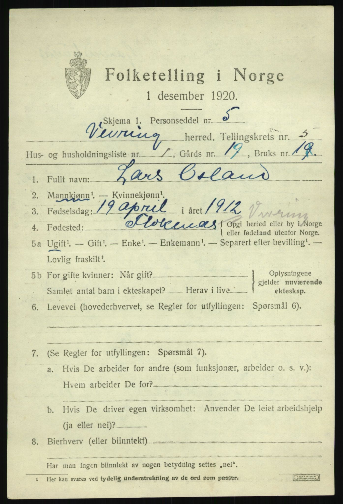 SAB, 1920 census for Vevring, 1920, p. 1424